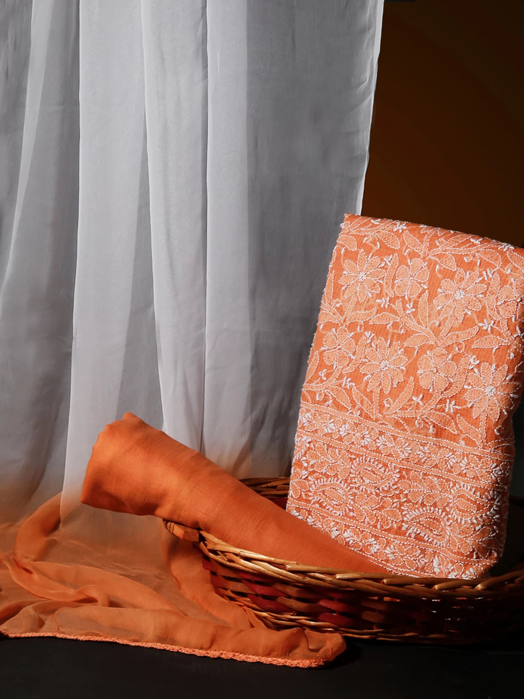 Ada Hand Embroidered Orange Kota Cotton Lucknowi Chikankari Unstitched Suit Piece 01A239557