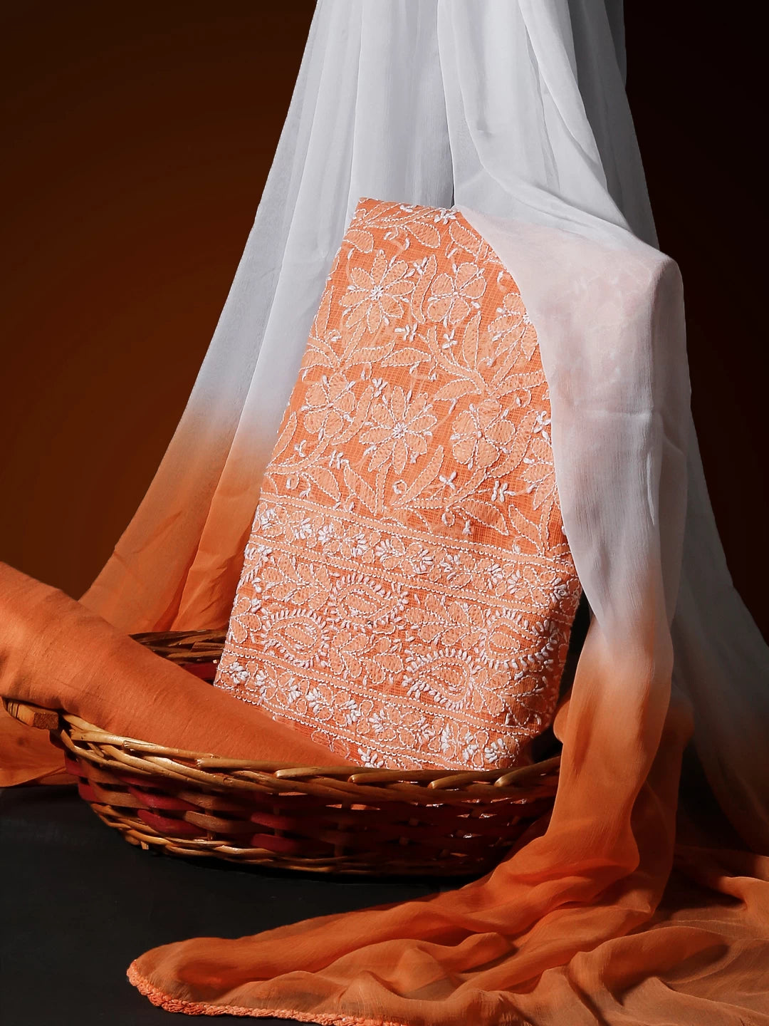 Ada Hand Embroidered Orange Kota Cotton Lucknowi Chikankari Unstitched Suit Piece 01A239557