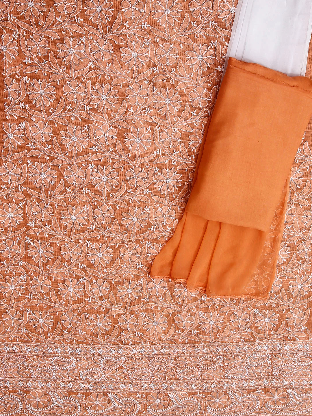 Ada Hand Embroidered Orange Kota Cotton Lucknowi Chikankari Unstitched Suit Piece 01A239557