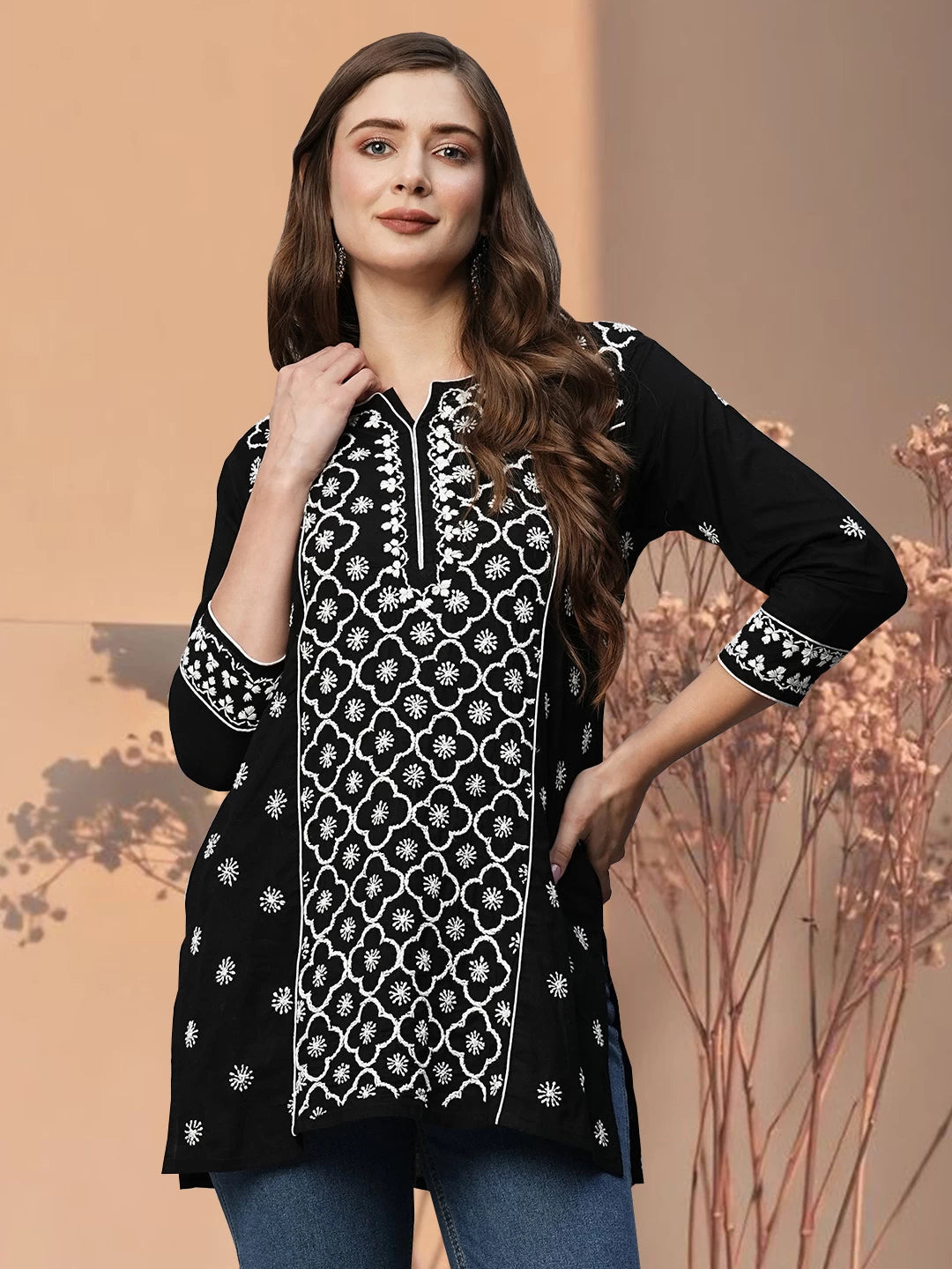 Ada Hand Embroidered Black Cotton Lucknowi Chikankari Straight Kurti A911368