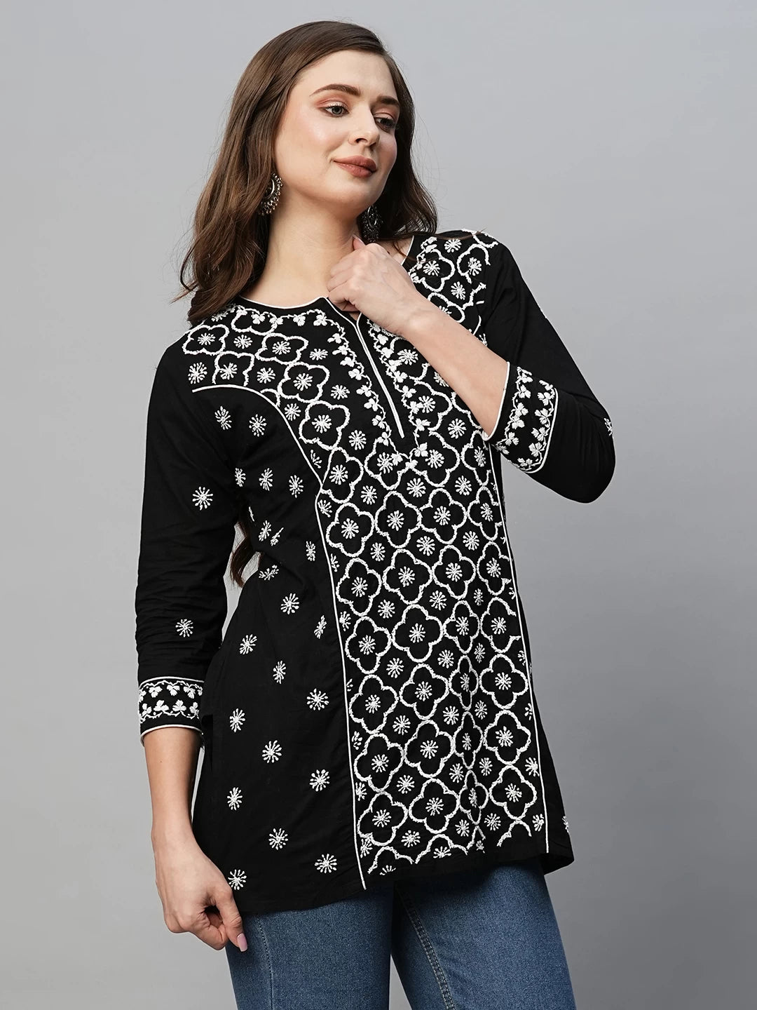 Ada Hand Embroidered Black Cotton Lucknowi Chikankari Straight Kurti A911368