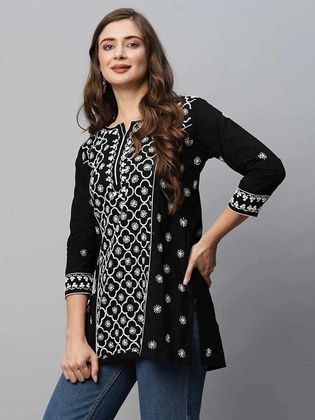 Ada Hand Embroidered Black Cotton Lucknowi Chikankari Straight Kurti A911368