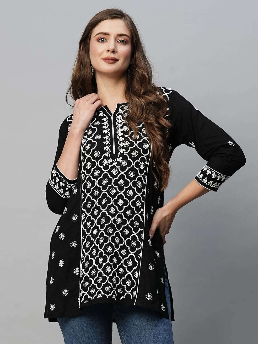 Ada Hand Embroidered Black Cotton Lucknowi Chikankari Straight Kurti A911368
