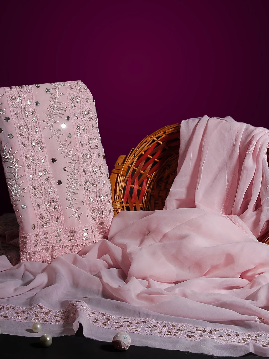 Ada Hand Embroidered Baby Pink Viscose Georgette Lucknowi Chikankari Unstitched Kurta Dupatta Set With Pearl Work 01A381022
