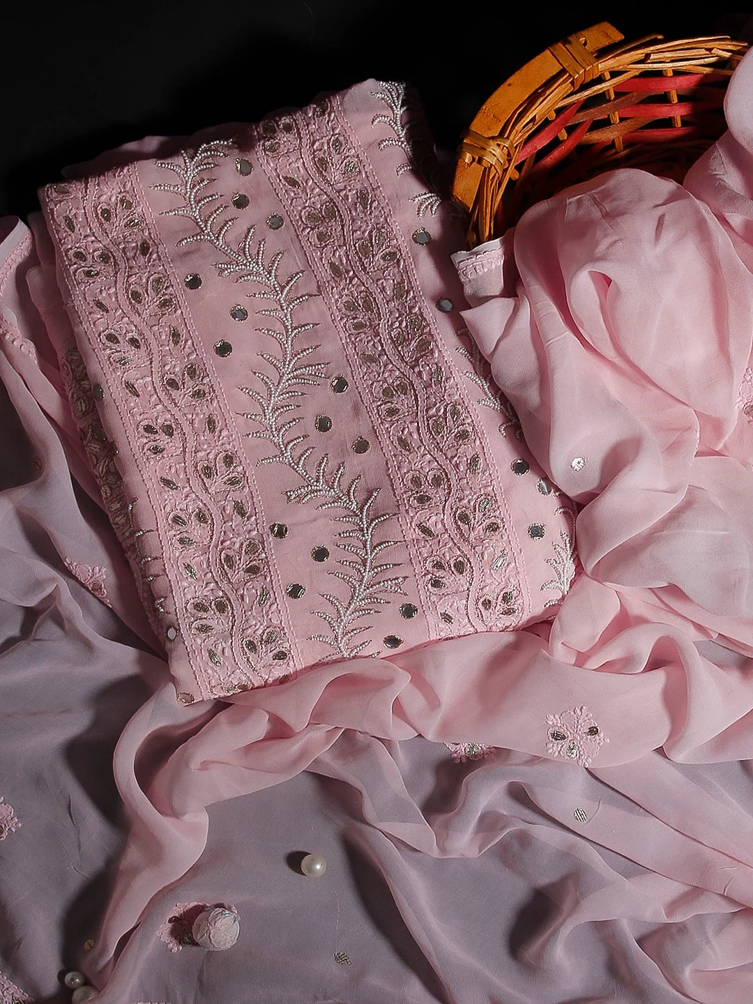 Ada Hand Embroidered Baby Pink Viscose Georgette Lucknowi Chikankari Unstitched Kurta Dupatta Set With Pearl Work 01A381022