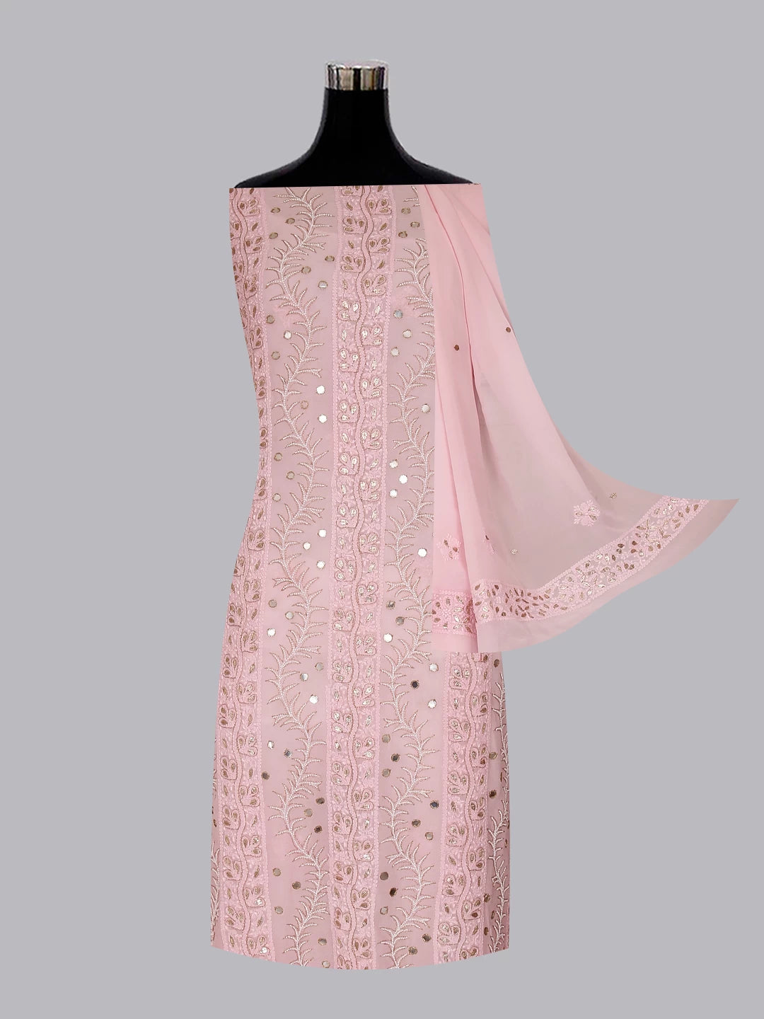 Ada Hand Embroidered Baby Pink Viscose Georgette Lucknowi Chikankari Unstitched Kurta Dupatta Set With Pearl Work 01A381022