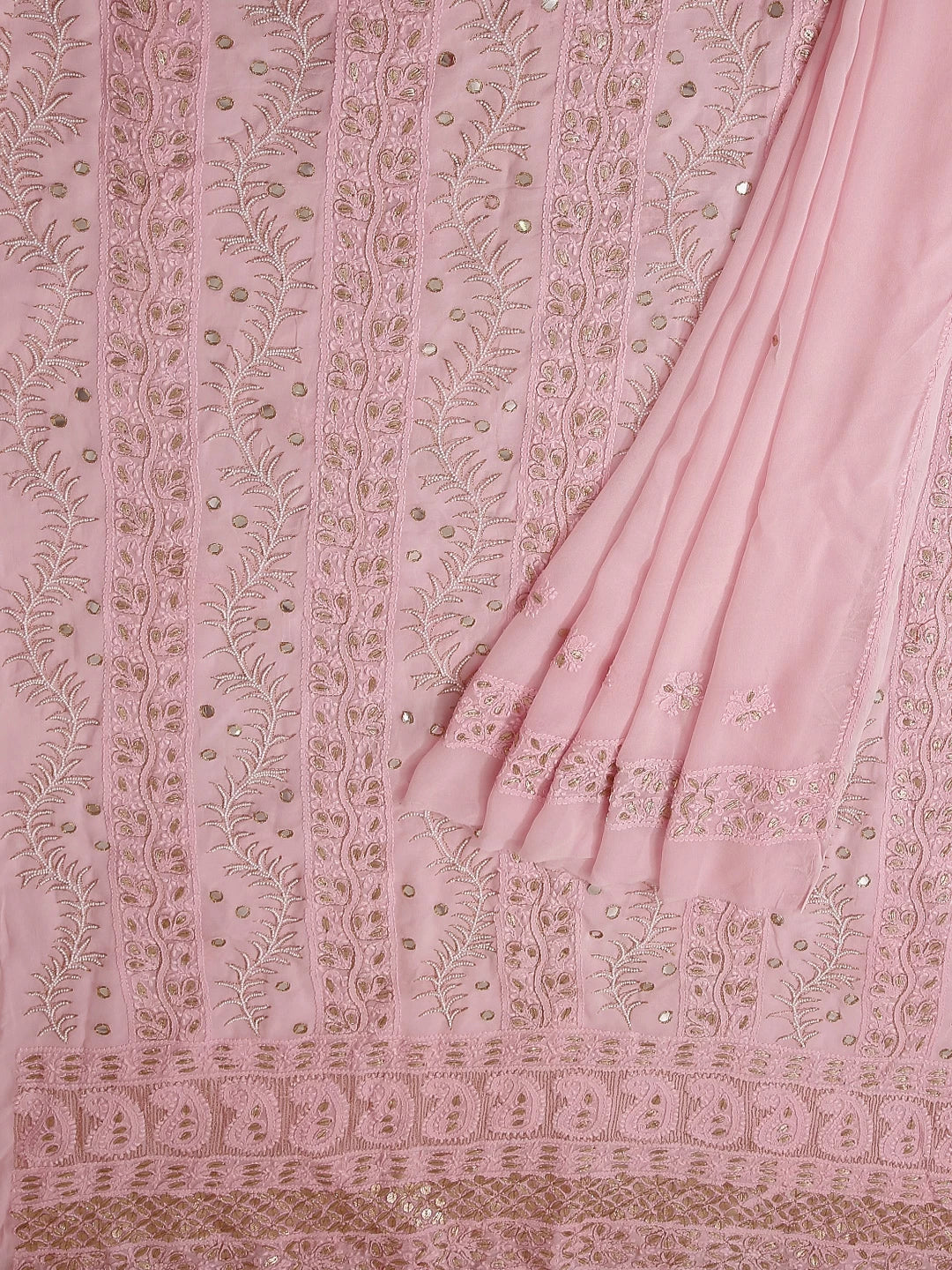 Ada Hand Embroidered Baby Pink Viscose Georgette Lucknowi Chikankari Unstitched Kurta Dupatta Set With Pearl Work 01A381022