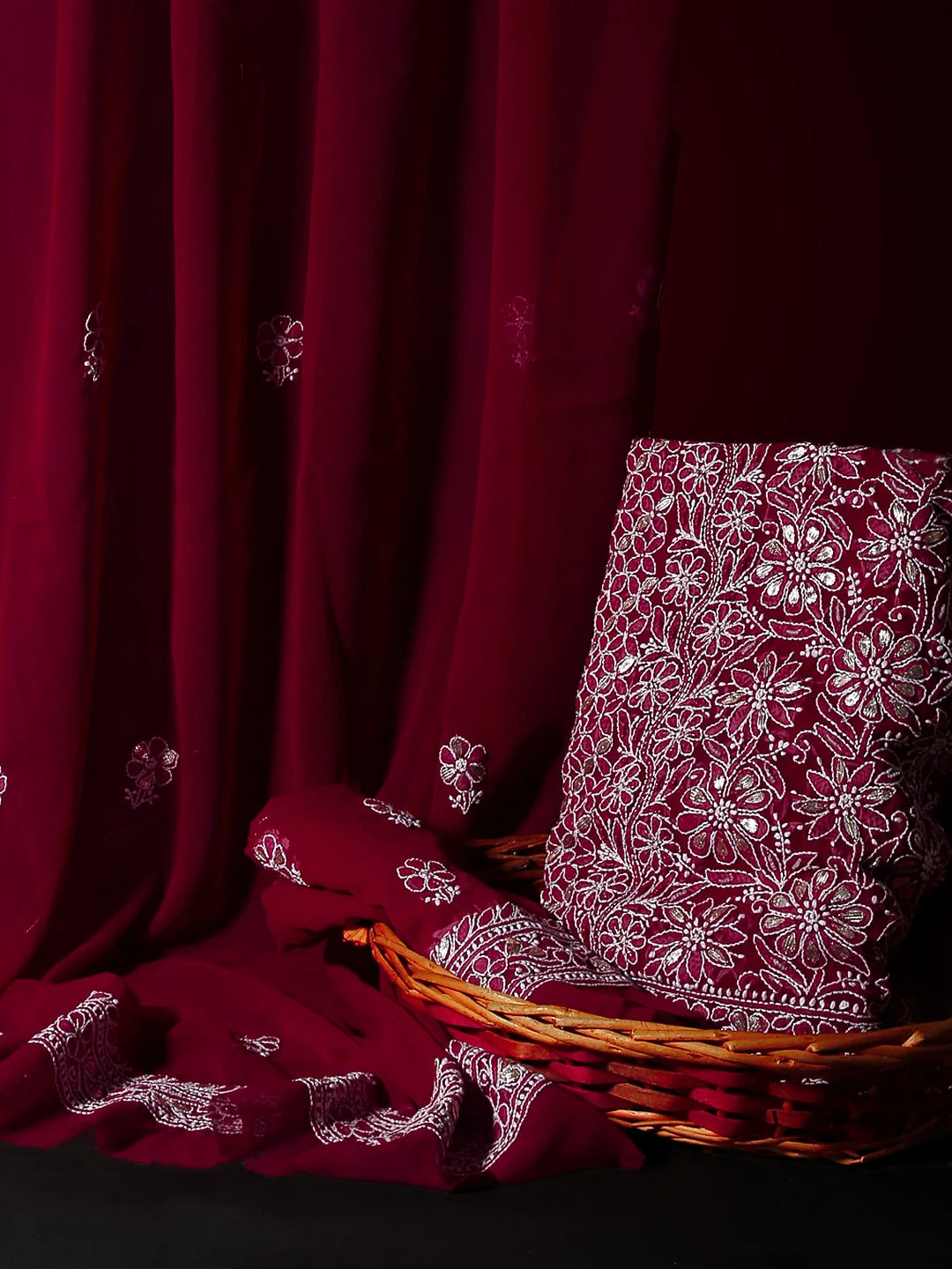 Ada Hand Embroidered Maroon Georgette Lucknowi Chikankari Unstitched Suit Piece With Gotapatti Work 01A391219