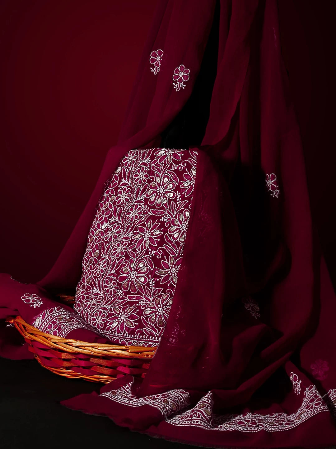 Ada Hand Embroidered Maroon Georgette Lucknowi Chikankari Unstitched Suit Piece With Gotapatti Work 01A391219