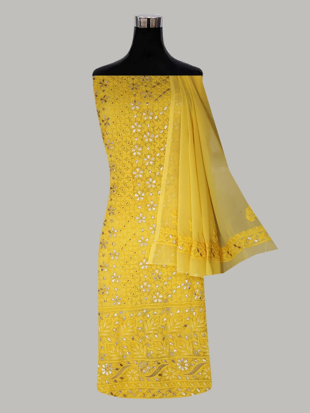 Ada Hand Embroidered Yellow Georgette Lucknowi Chikankari Unstitched Suit Piece With Cutdana Work 01A409097