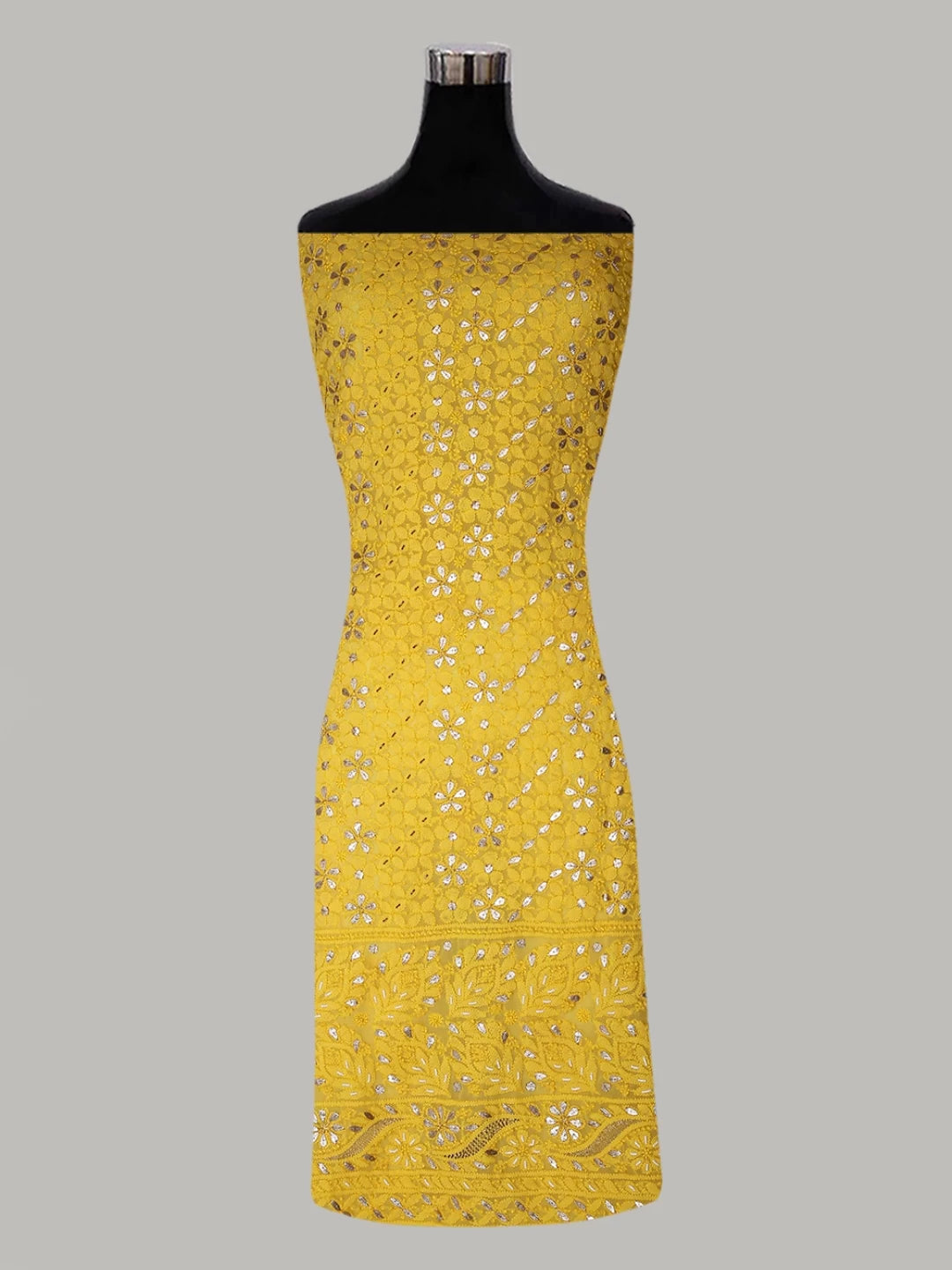 Ada Hand Embroidered Yellow Georgette Lucknowi Chikankari Unstitched Suit Piece With Cutdana Work 01A409097