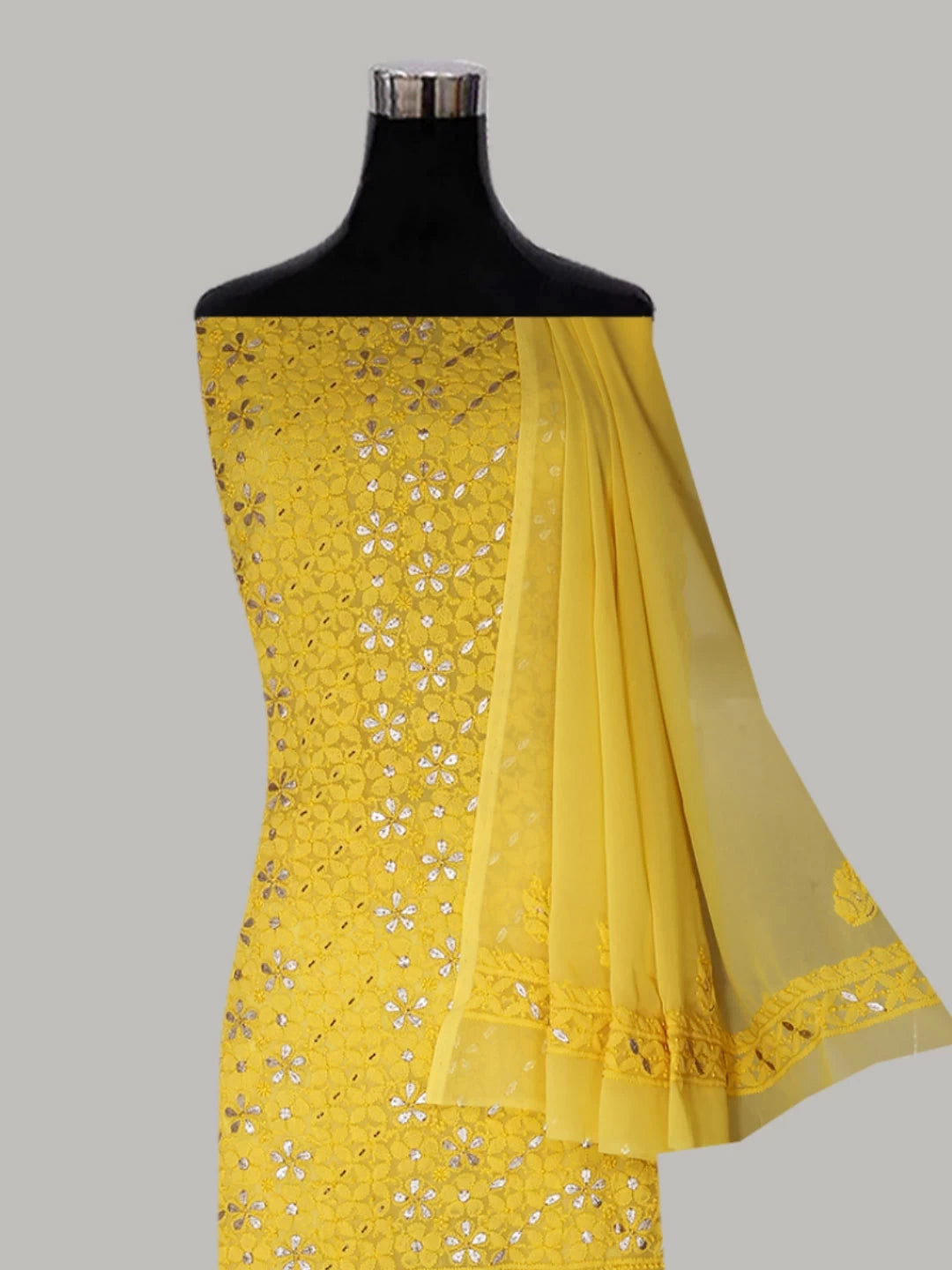 Ada Hand Embroidered Yellow Georgette Lucknowi Chikankari Unstitched Suit Piece With Cutdana Work 01A409097