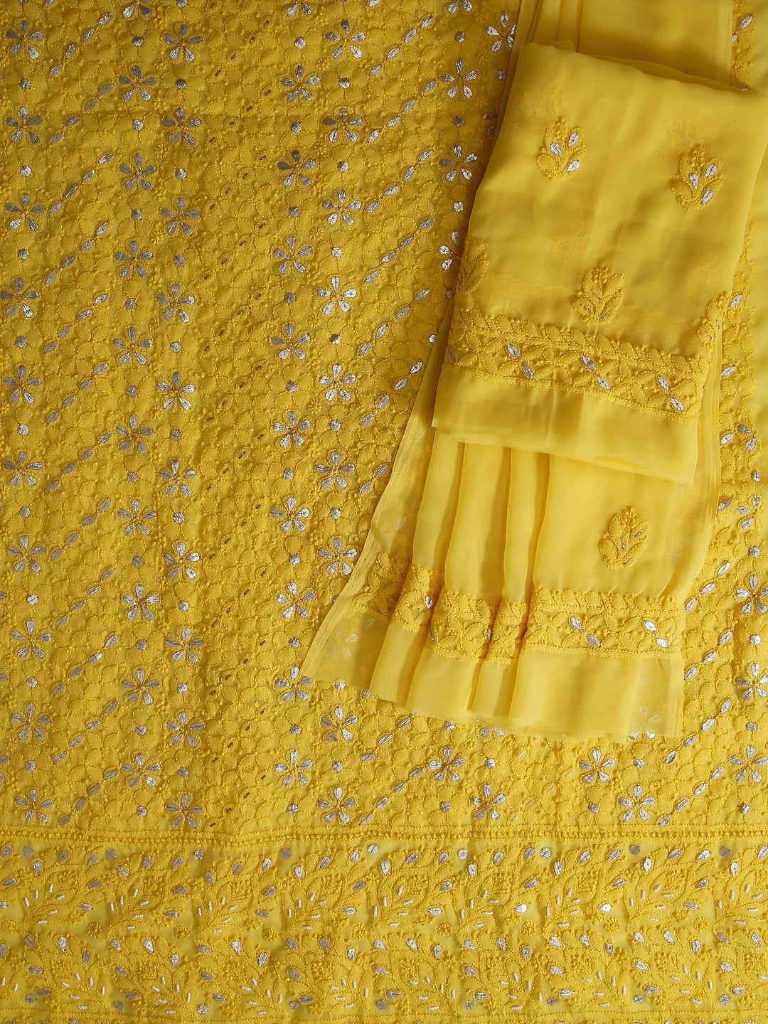 Ada Hand Embroidered Yellow Georgette Lucknowi Chikankari Unstitched Suit Piece With Cutdana Work 01A409097
