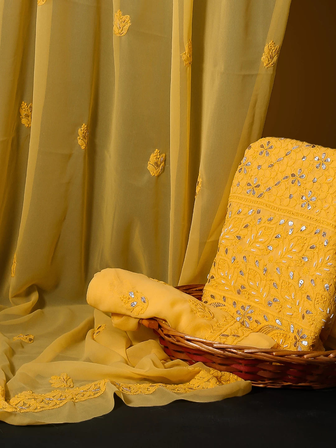 Ada Hand Embroidered Yellow Georgette Lucknowi Chikankari Unstitched Suit Piece With Cutdana Work 01A409097
