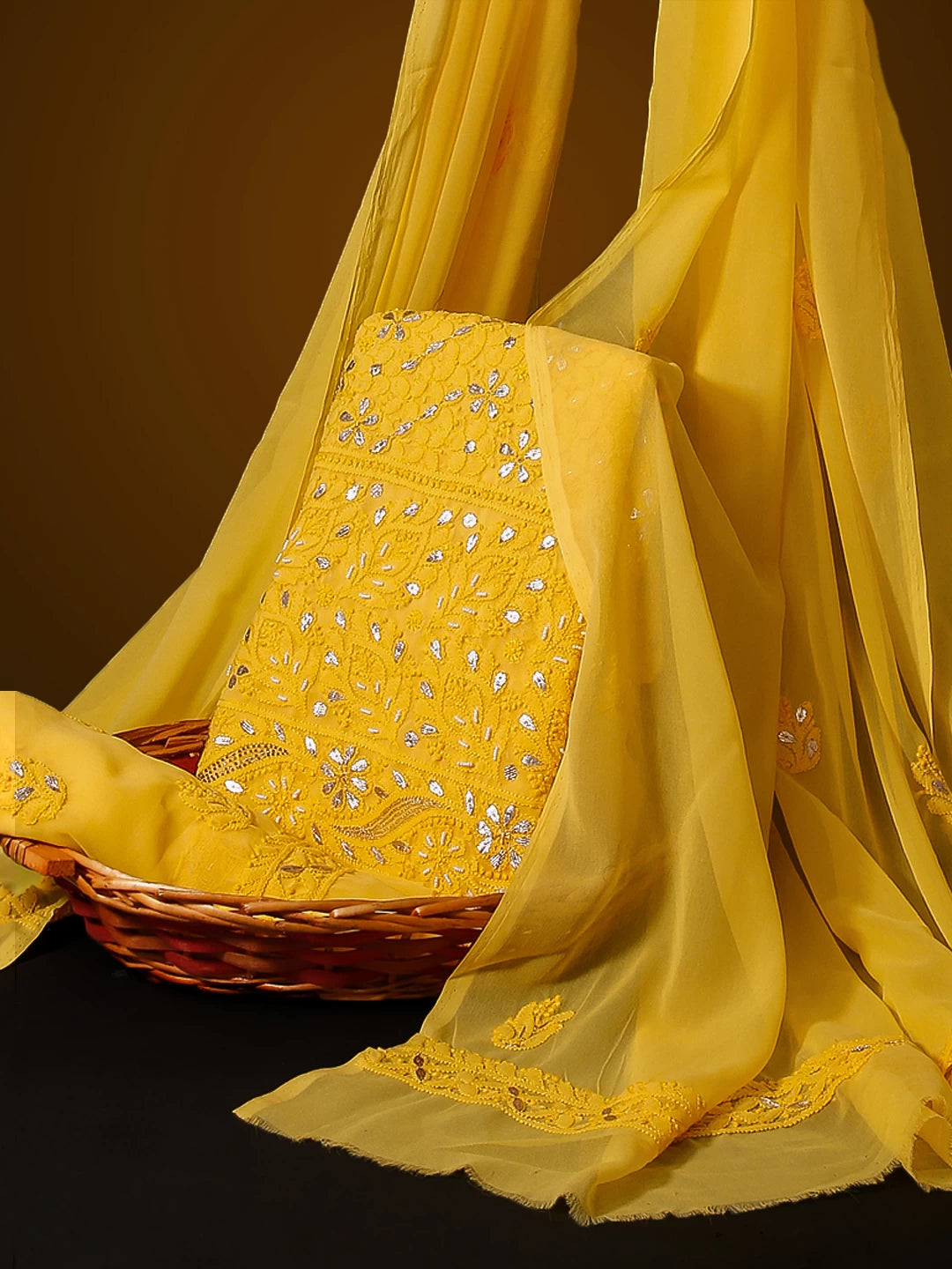 Ada Hand Embroidered Yellow Georgette Lucknowi Chikankari Unstitched Suit Piece With Cutdana Work 01A409097