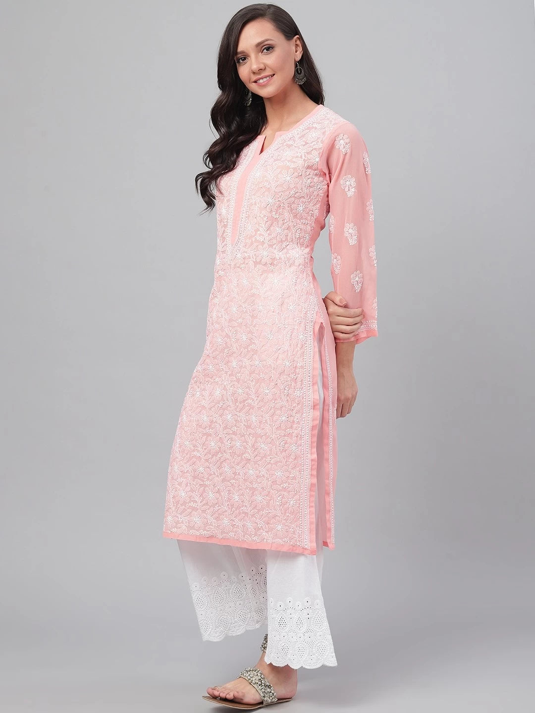 Ada Hand Embroidered Peach Georgette Lucknowi Chikankari Straight Kurta A95561