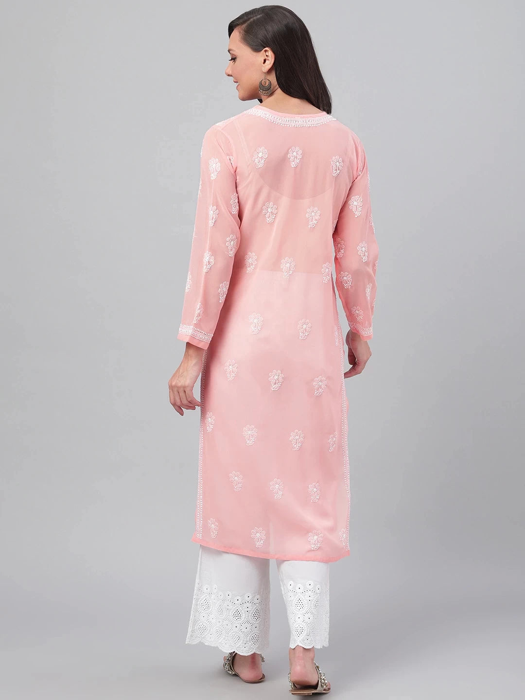 Ada Hand Embroidered Peach Georgette Lucknowi Chikankari Straight Kurta A95561