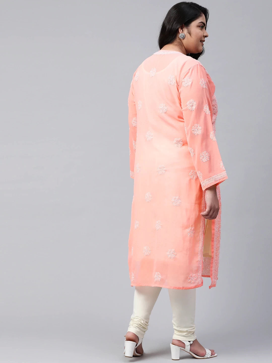 Ada Hand Embroidered Peach Georgette Lucknowi Chikankari Straight Kurta A95561