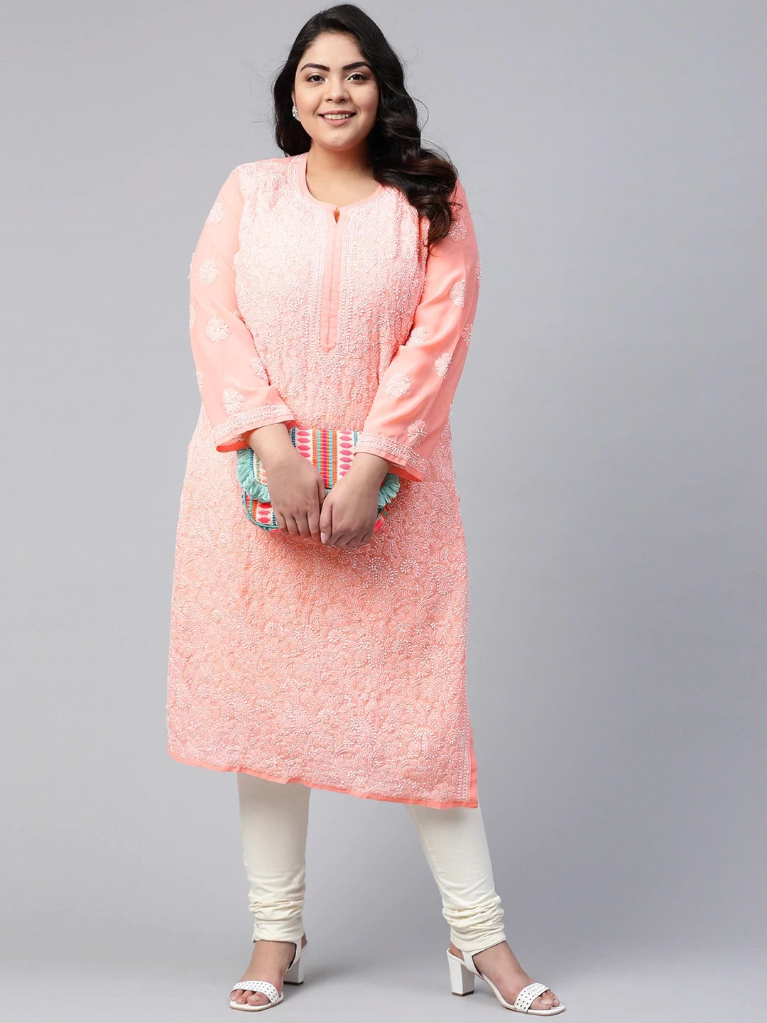 Ada Hand Embroidered Peach Georgette Lucknowi Chikankari Straight Kurta A95561