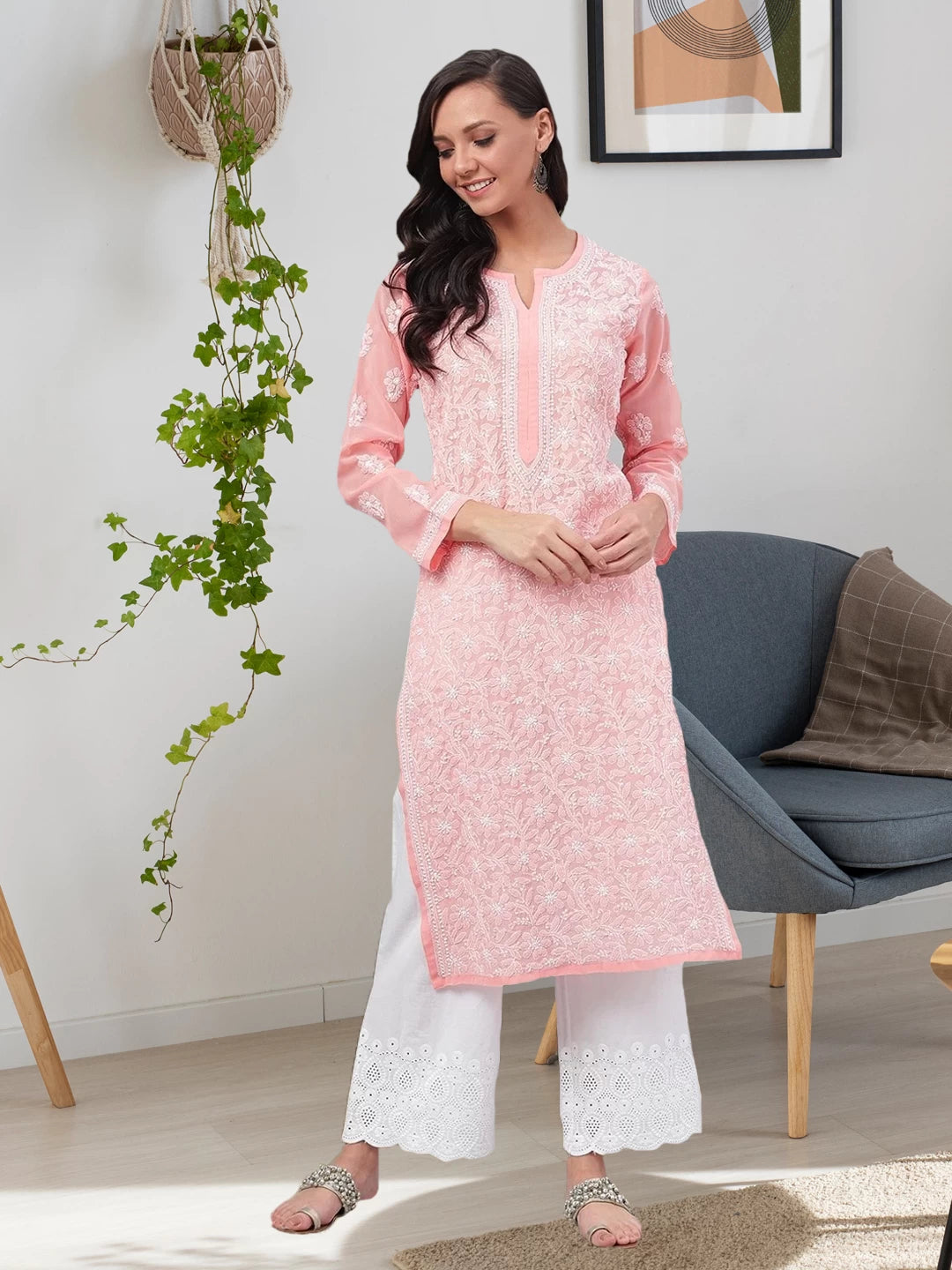 Ada Hand Embroidered Peach Georgette Lucknowi Chikankari Straight Kurta A95561