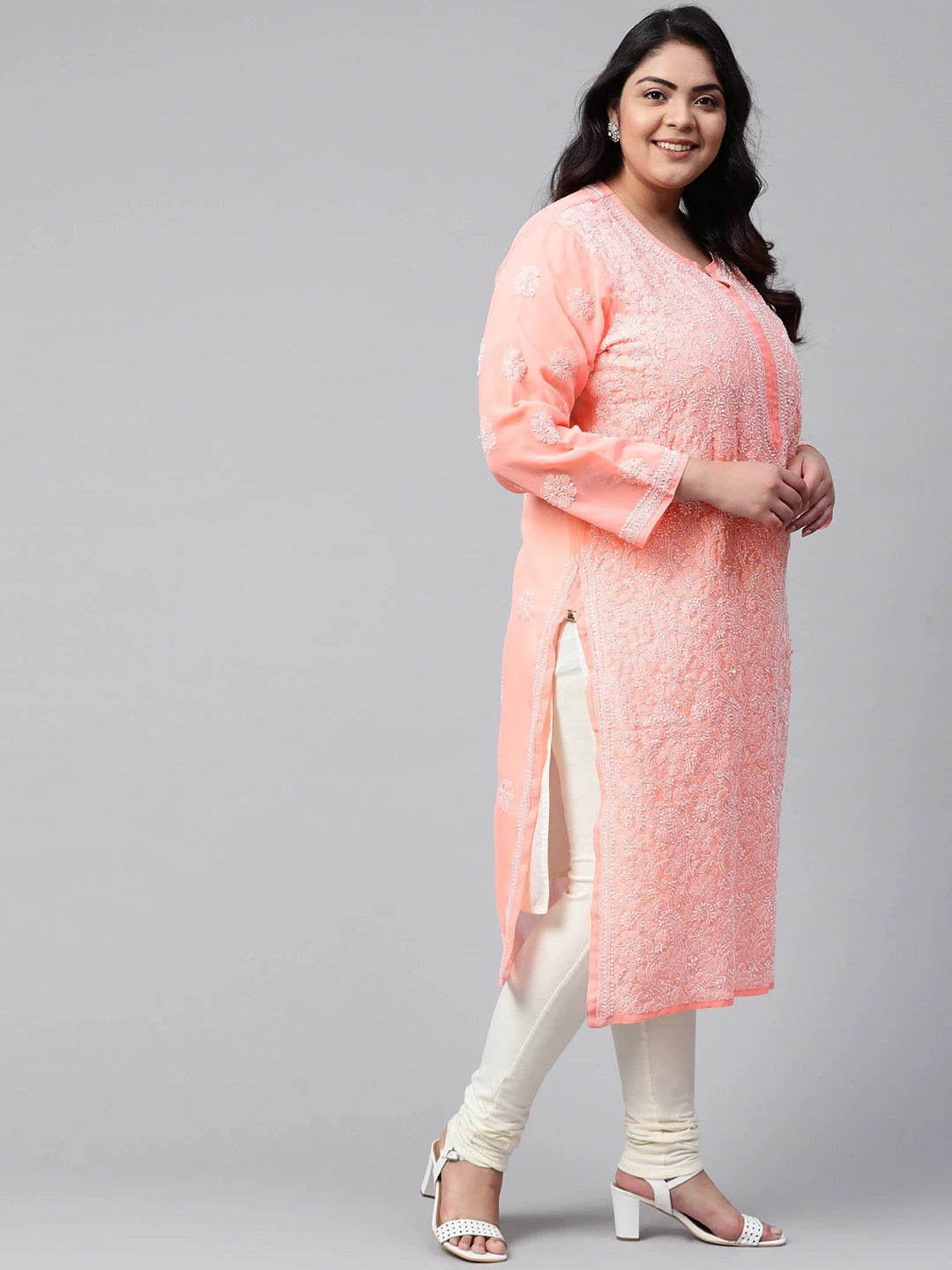 Ada Hand Embroidered Peach Georgette Lucknowi Chikankari Straight Kurta A95561
