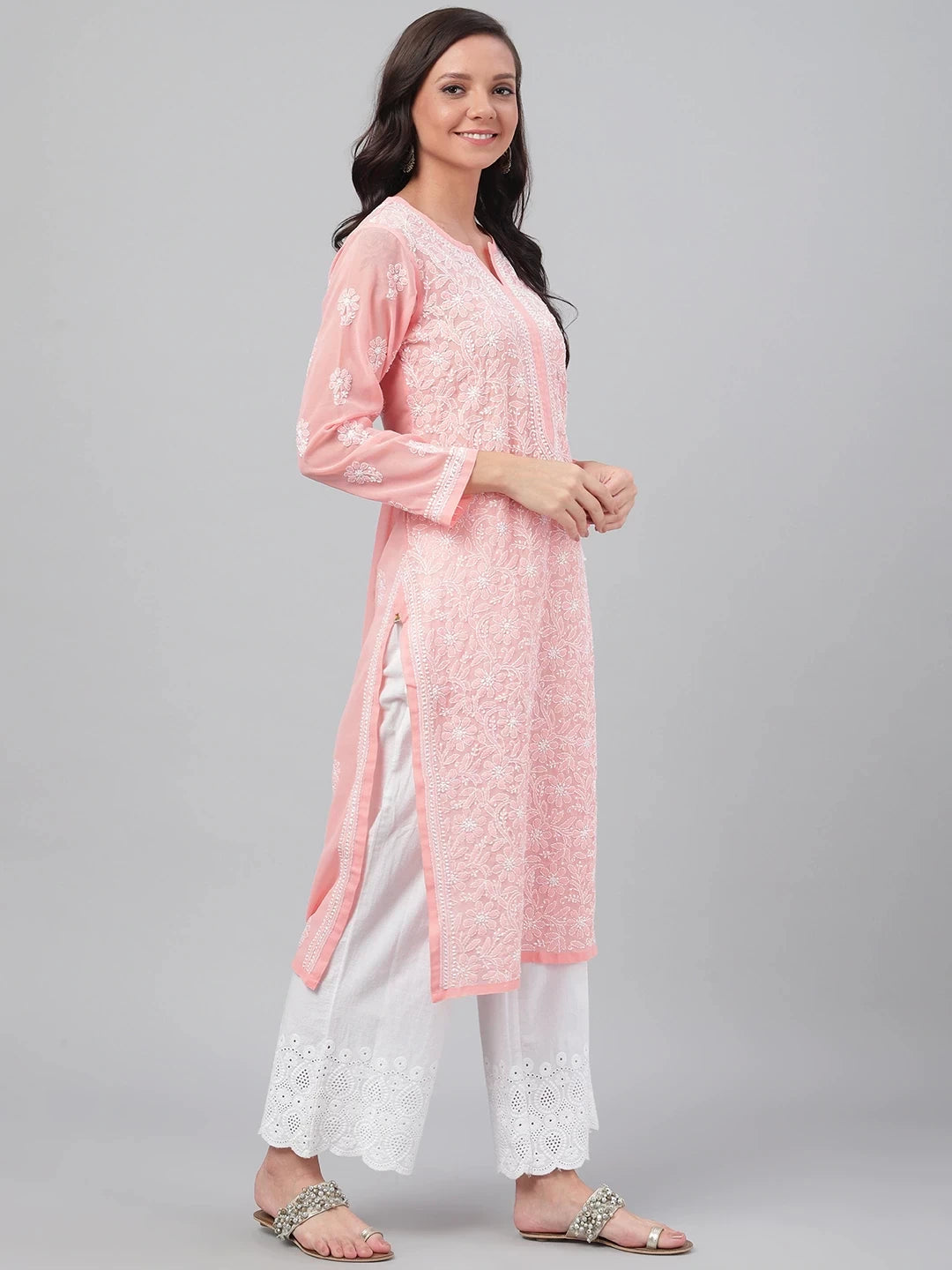 Ada Hand Embroidered Peach Georgette Lucknowi Chikankari Straight Kurta A95561