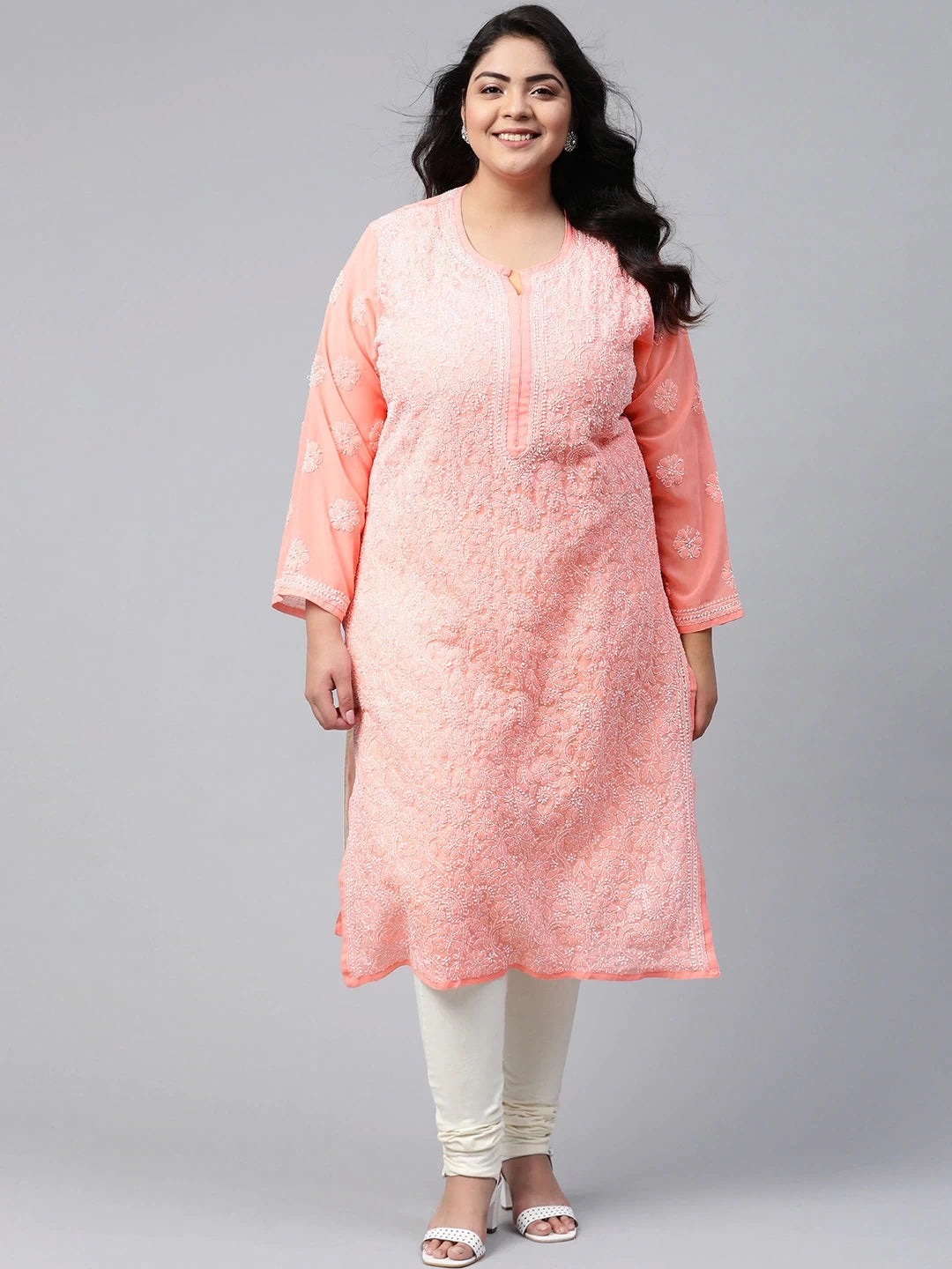 Ada Hand Embroidered Peach Georgette Lucknowi Chikankari Straight Kurta A95561
