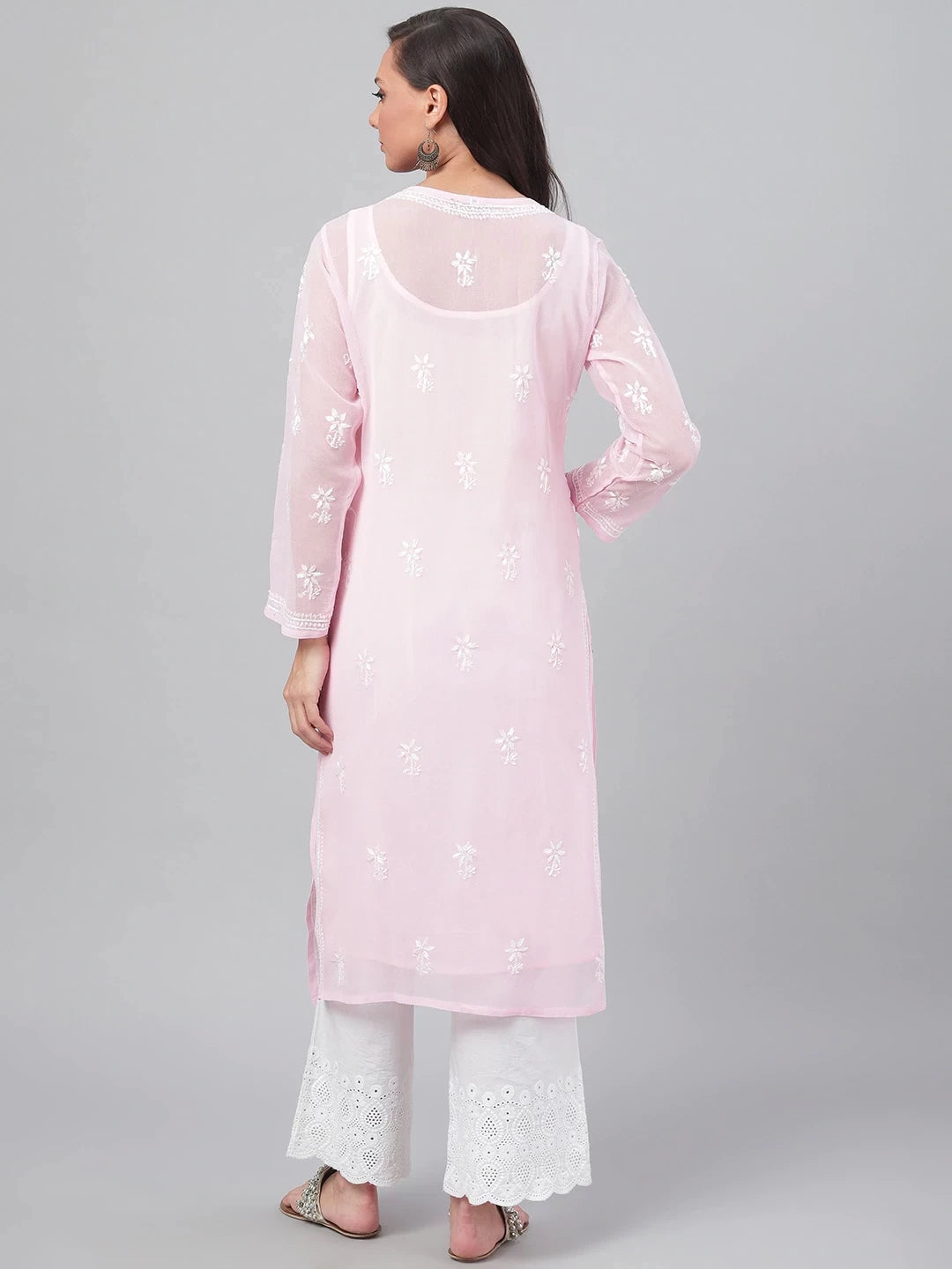 Ada Hand Embroidered Baby Pink Georgette Lucknowi Chikankari Straight Kurta with Slip A90410