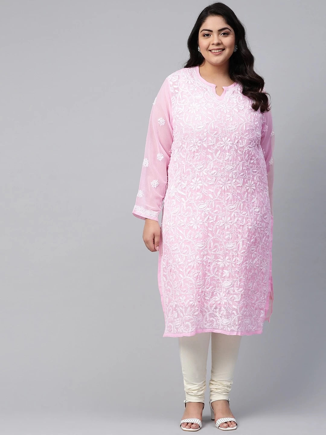 Ada Hand Embroidered Baby Pink Georgette Lucknowi Chikankari Straight Kurta with Slip A90410