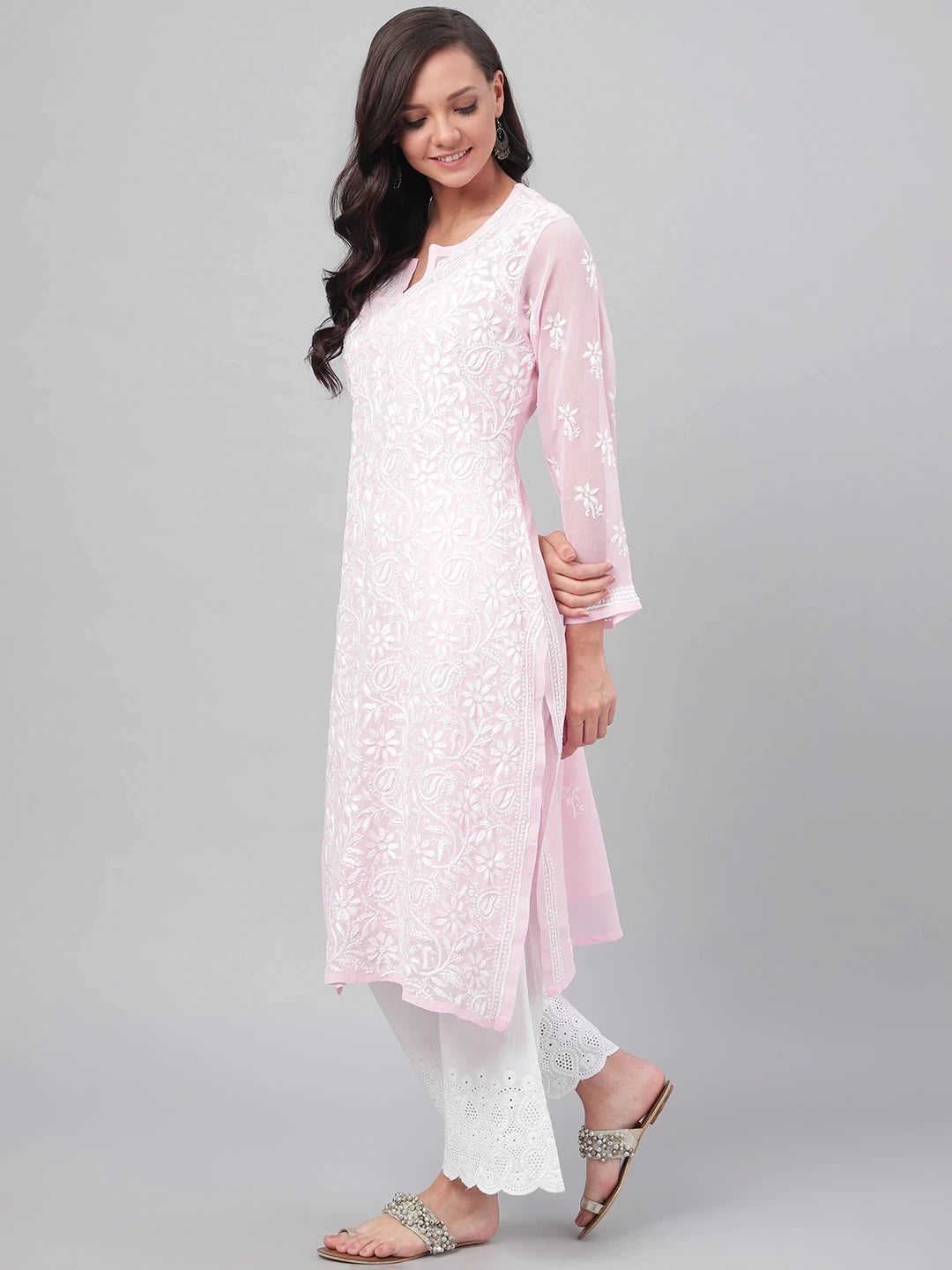 Ada Hand Embroidered Baby Pink Georgette Lucknowi Chikankari Straight Kurta with Slip A90410