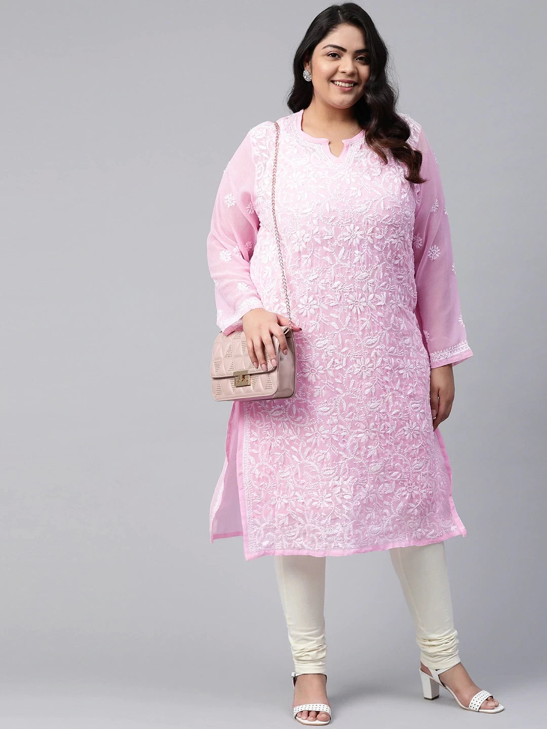 Ada Hand Embroidered Baby Pink Georgette Lucknowi Chikankari Straight Kurta with Slip A90410