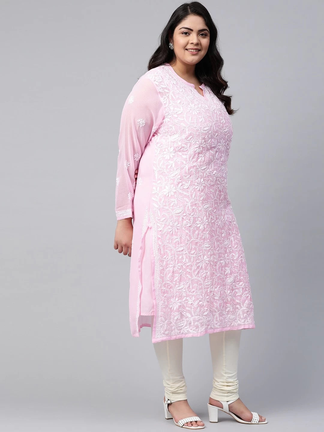 Ada Hand Embroidered Baby Pink Georgette Lucknowi Chikankari Straight Kurta with Slip A90410