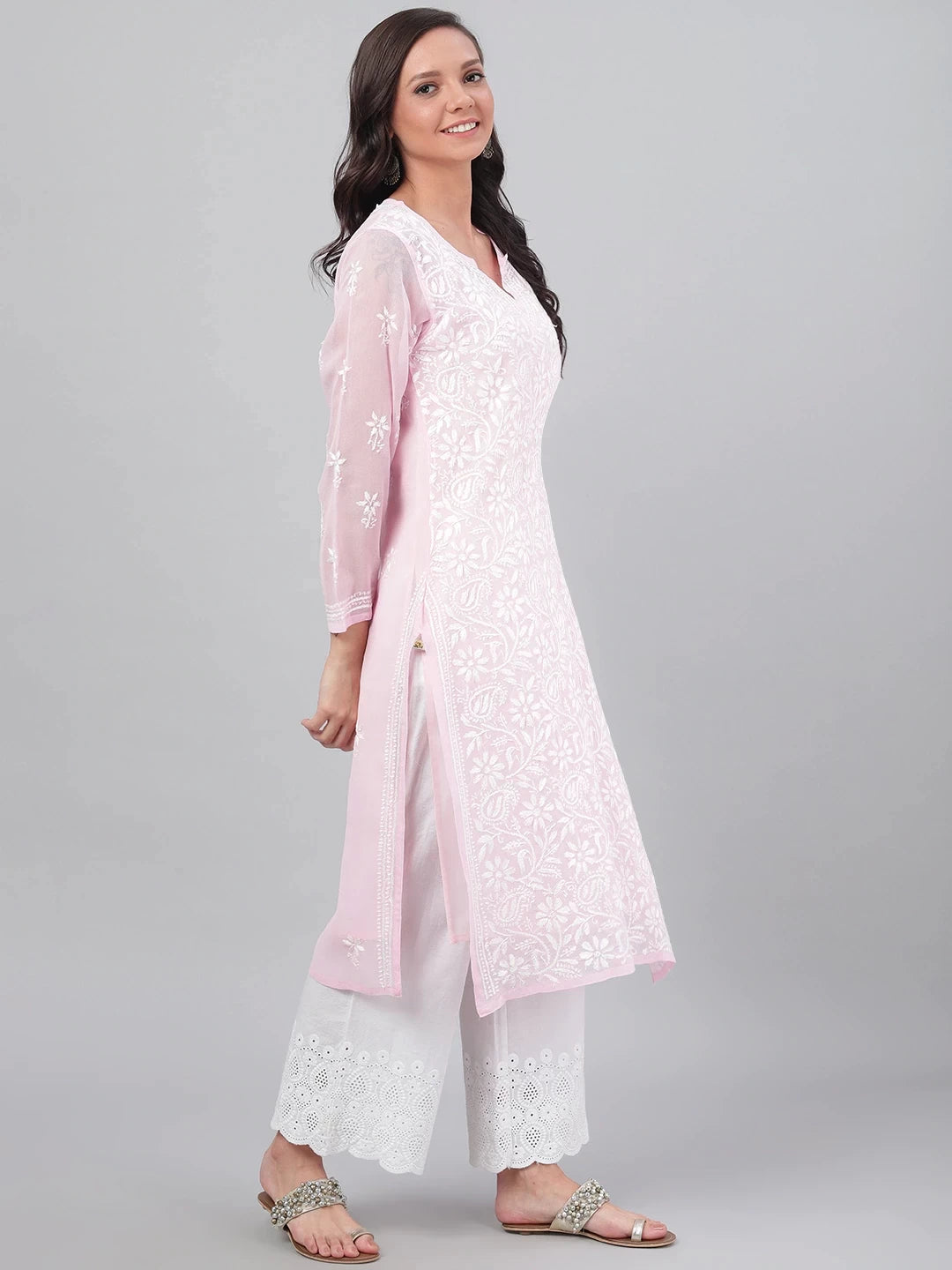 Ada Hand Embroidered Baby Pink Georgette Lucknowi Chikankari Straight Kurta with Slip A90410
