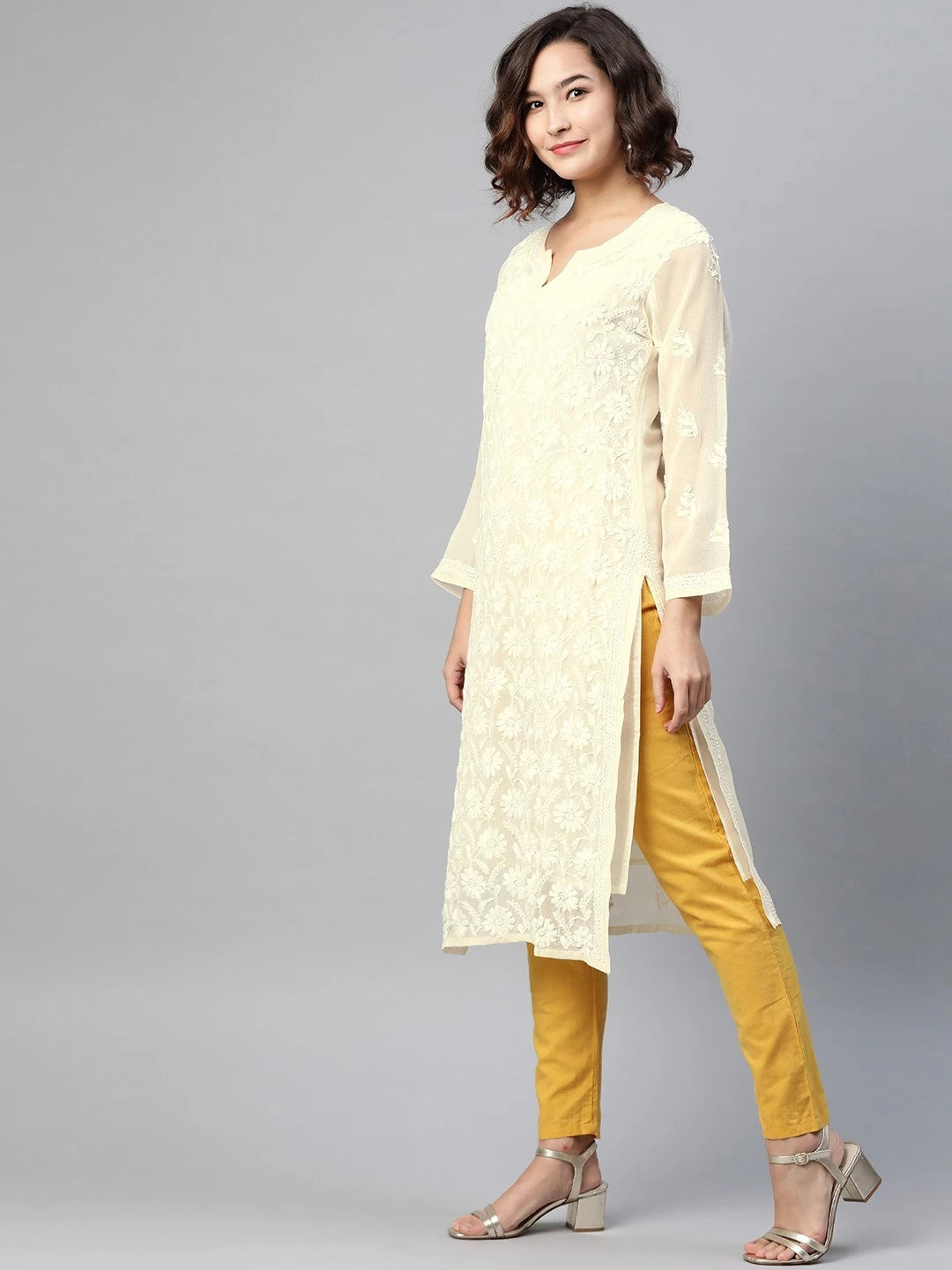 Ada Hand Embroidered Cream Georgette Lucknowi Chikankari Straight Kurta with Slip A90408