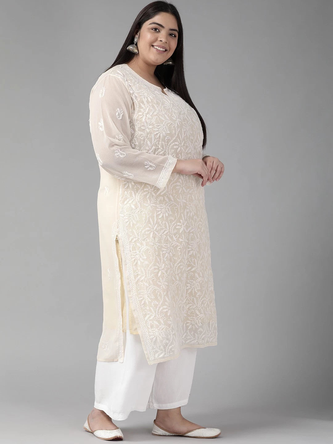 Ada Hand Embroidered Cream Georgette Lucknowi Chikankari Straight Kurta with Slip A90408