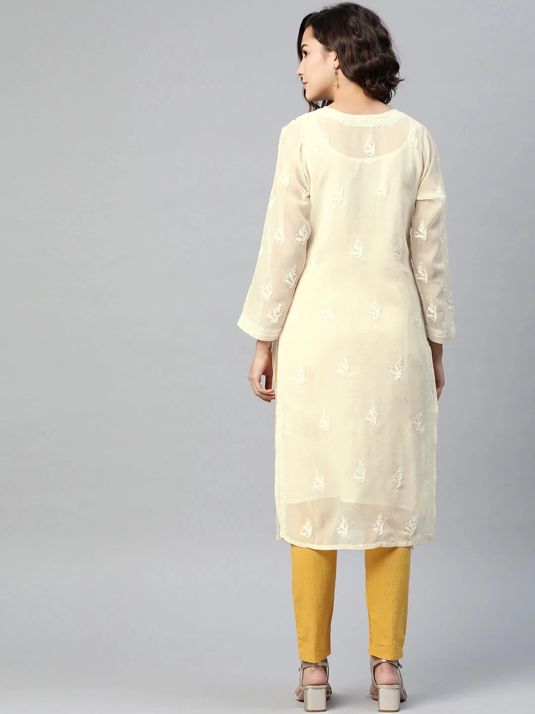 Ada Hand Embroidered Cream Georgette Lucknowi Chikankari Straight Kurta with Slip A90408