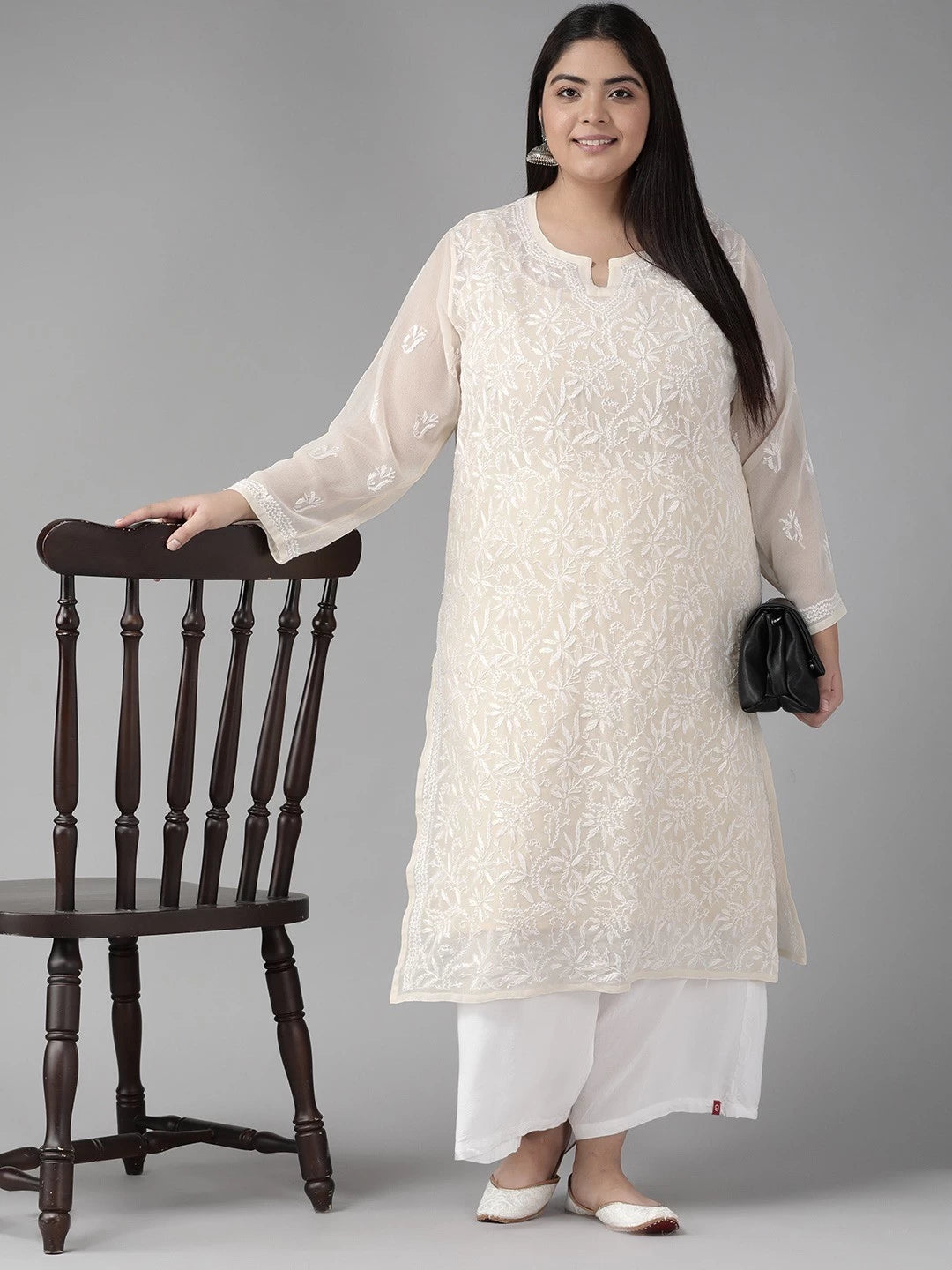 Ada Hand Embroidered Cream Georgette Lucknowi Chikankari Straight Kurta with Slip A90408