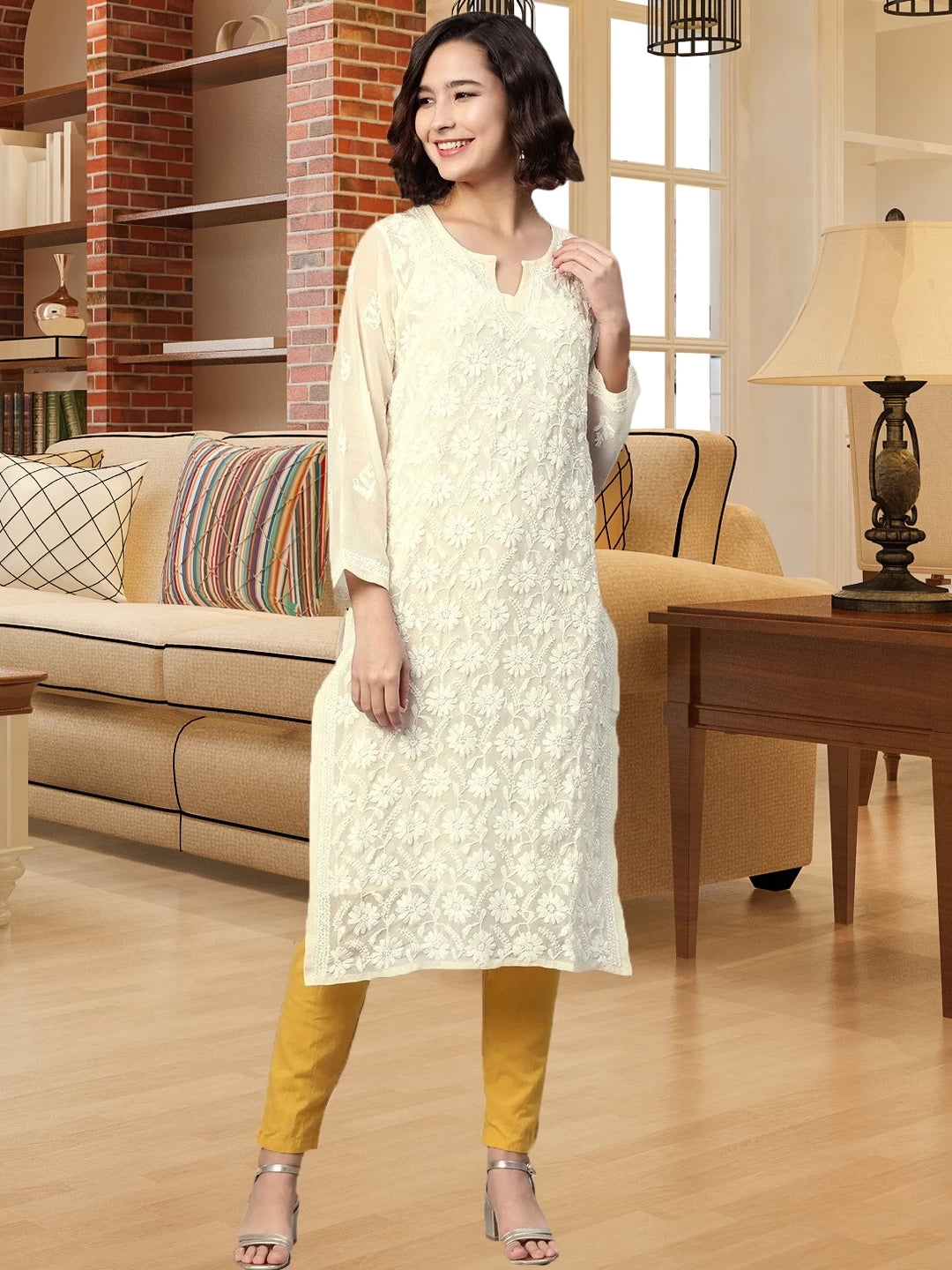 Ada Hand Embroidered Cream Georgette Lucknowi Chikankari Straight Kurta with Slip A90408