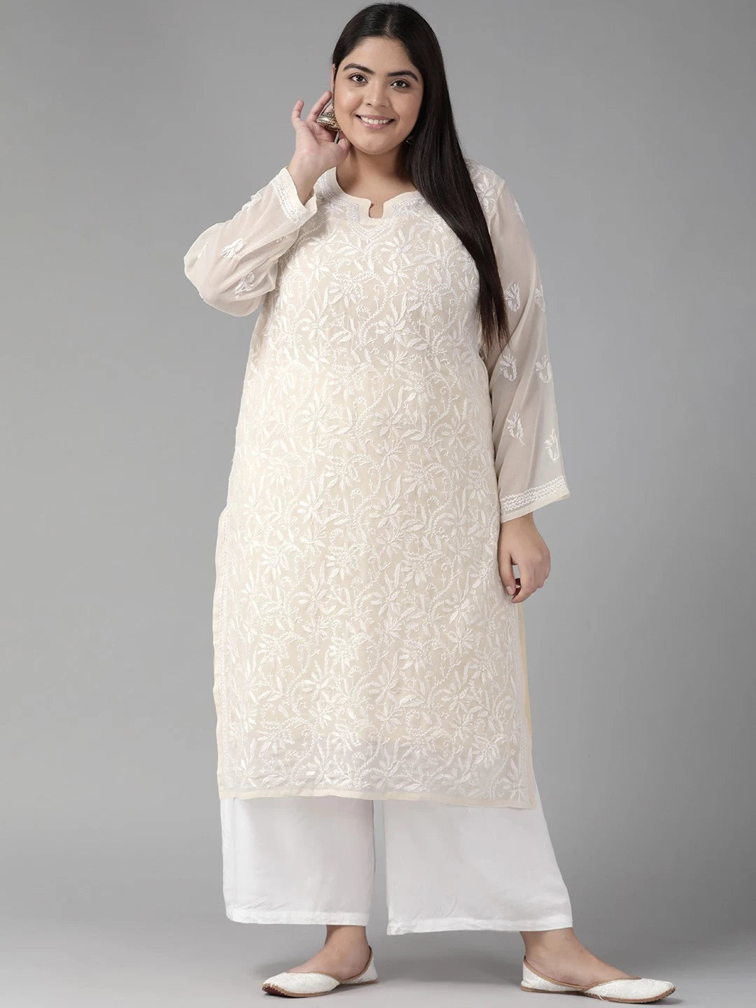 Ada Hand Embroidered Cream Georgette Lucknowi Chikankari Straight Kurta with Slip A90408