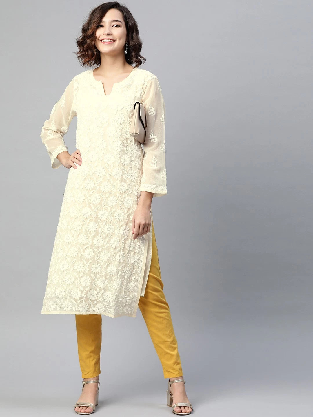 Ada Hand Embroidered Cream Georgette Lucknowi Chikankari Straight Kurta with Slip A90408