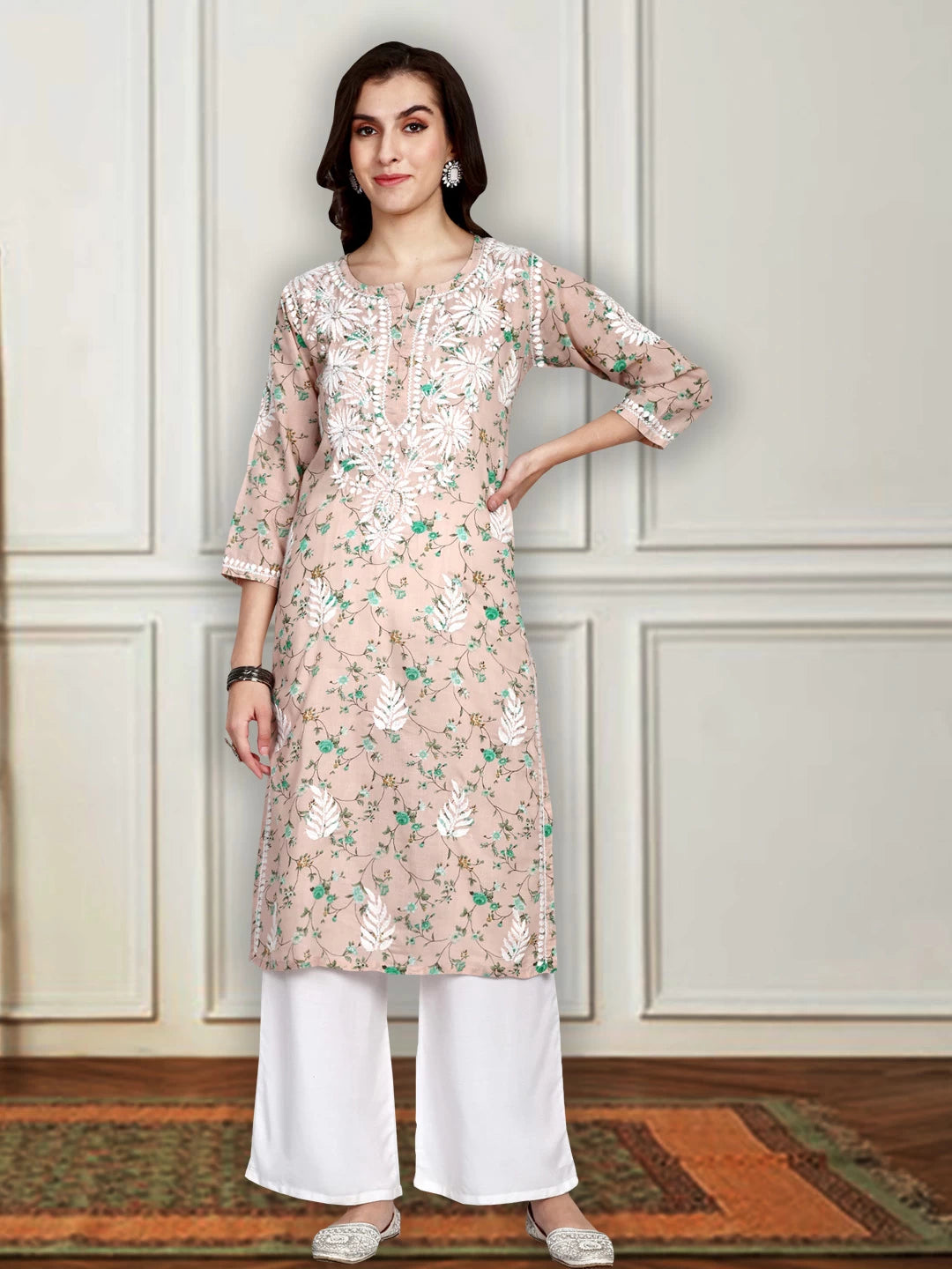 Ada Hand Embroidered Peach Cotton Floral Printed Lucknowi Chikankari Straight Kurta A411523