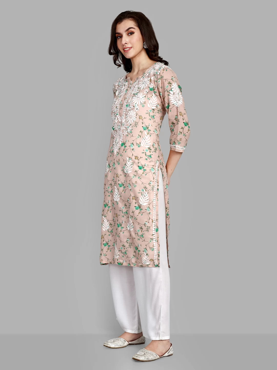 Ada Hand Embroidered Peach Cotton Floral Printed Lucknowi Chikankari Straight Kurta A411523