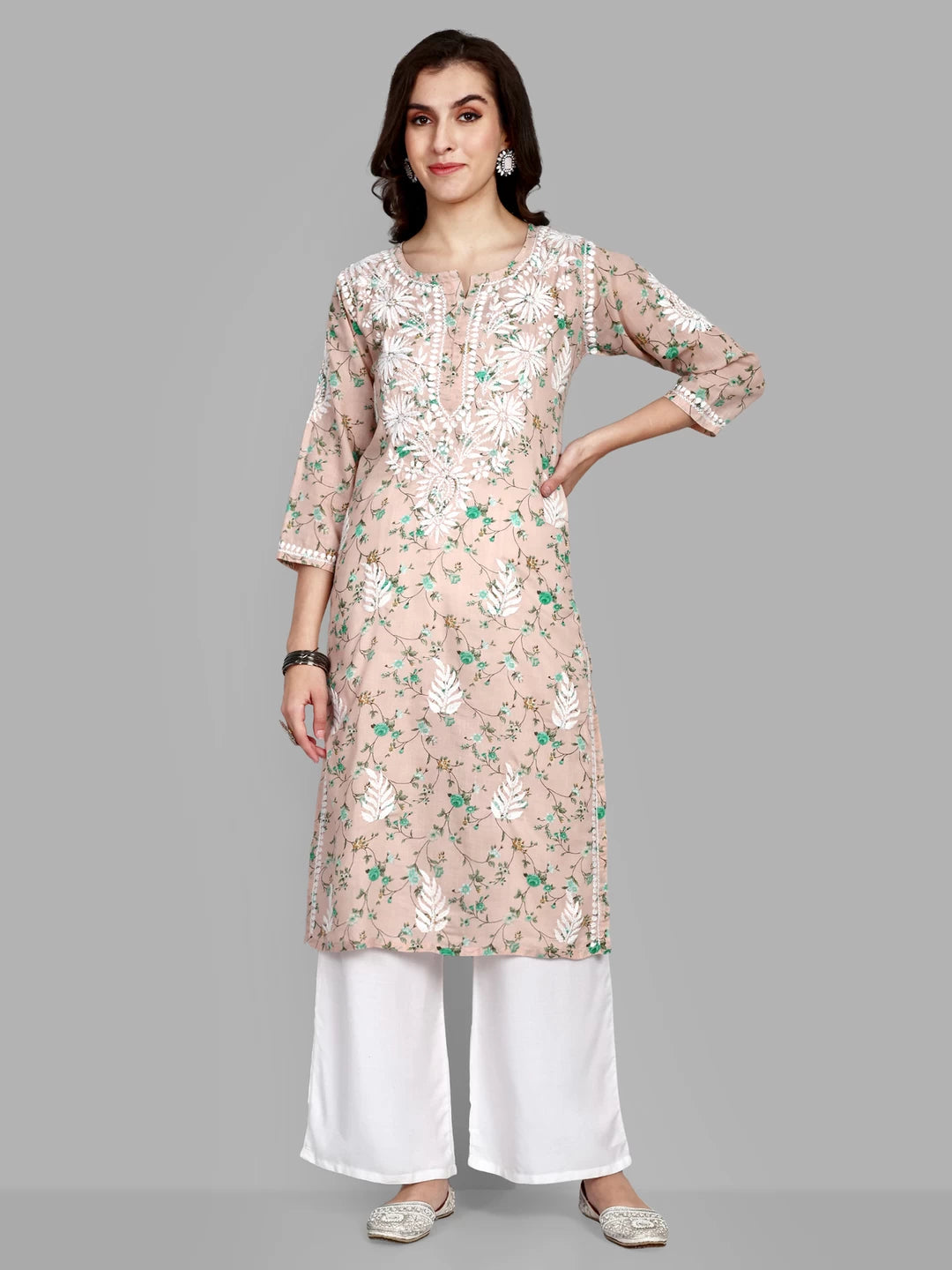 Ada Hand Embroidered Peach Cotton Floral Printed Lucknowi Chikankari Straight Kurta A411523