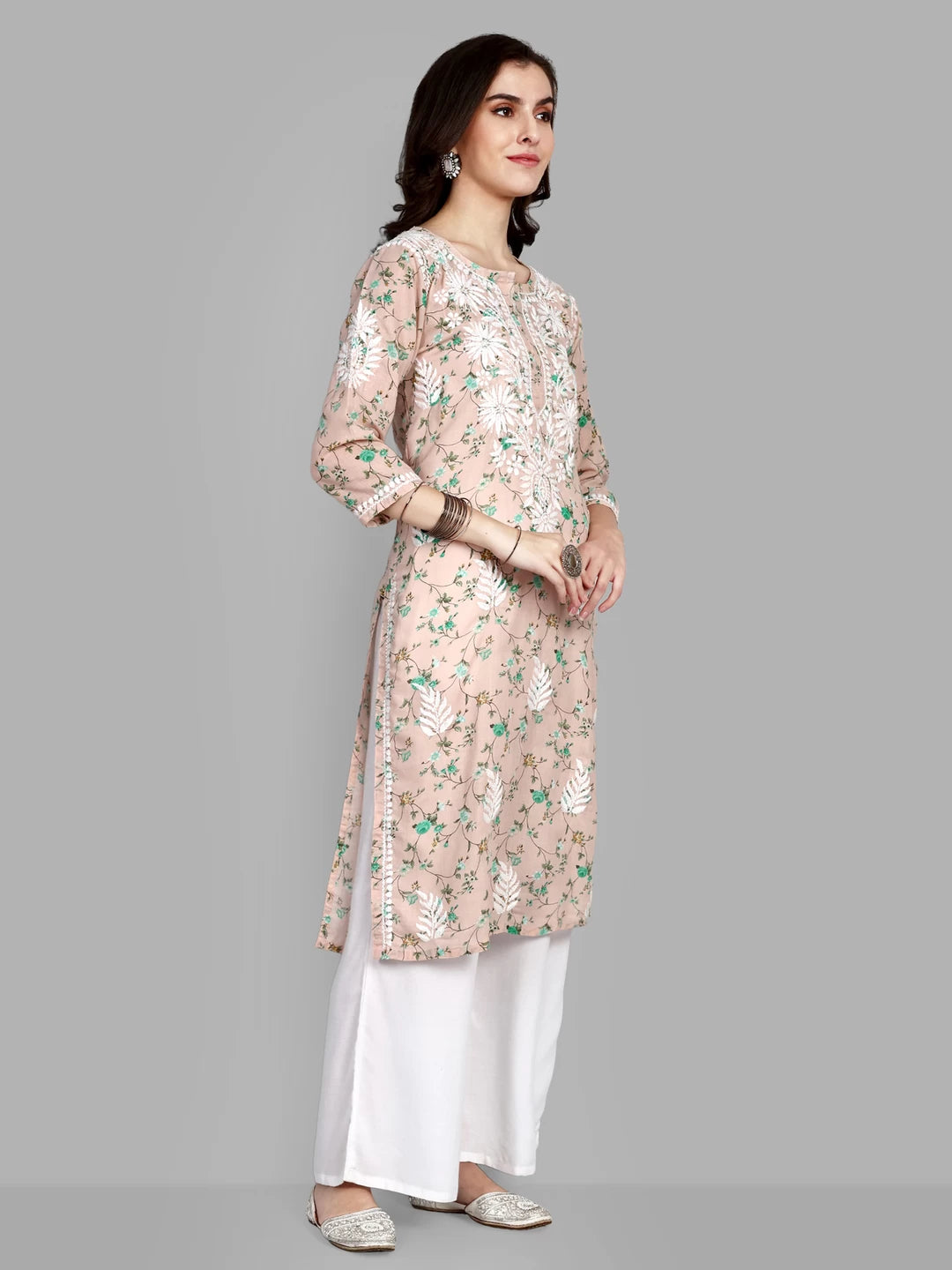 Ada Hand Embroidered Peach Cotton Floral Printed Lucknowi Chikankari Straight Kurta A411523