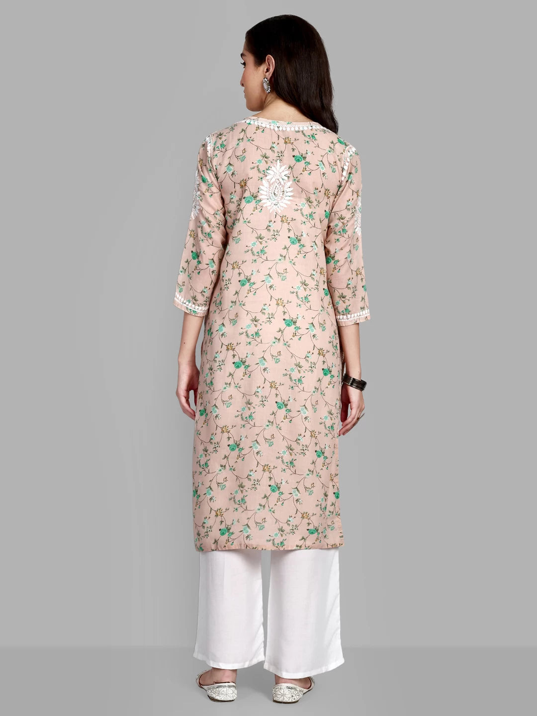 Ada Hand Embroidered Peach Cotton Floral Printed Lucknowi Chikankari Straight Kurta A411523