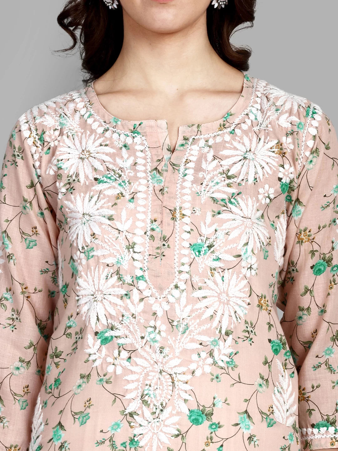 Ada Hand Embroidered Peach Cotton Floral Printed Lucknowi Chikankari Straight Kurta A411523