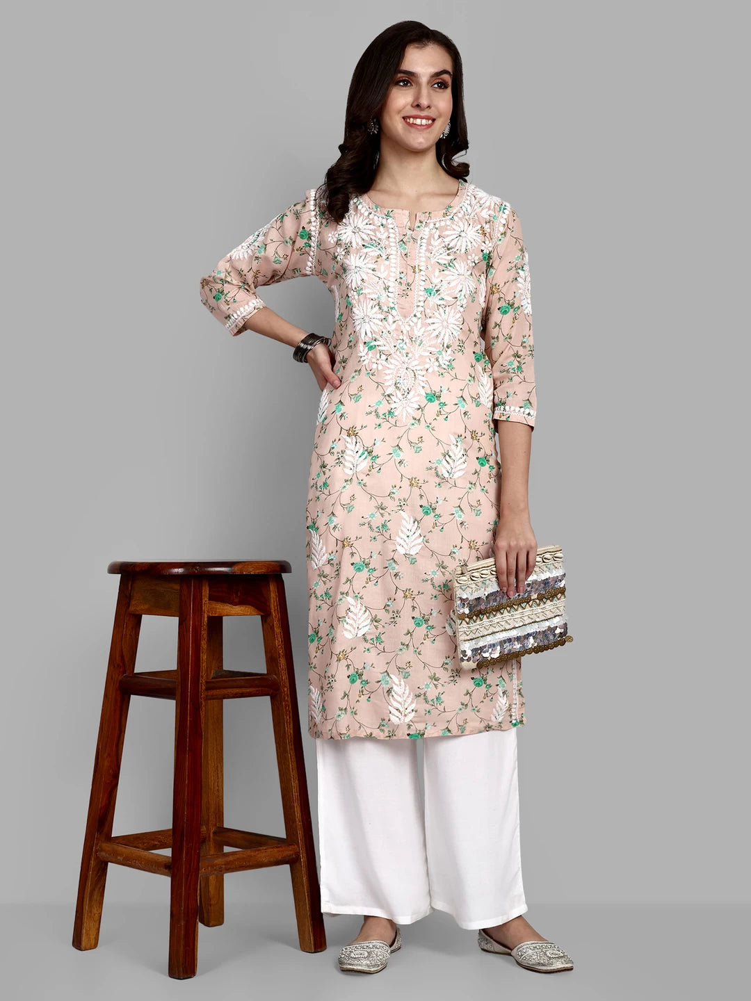 Ada Hand Embroidered Peach Cotton Floral Printed Lucknowi Chikankari Straight Kurta A411523