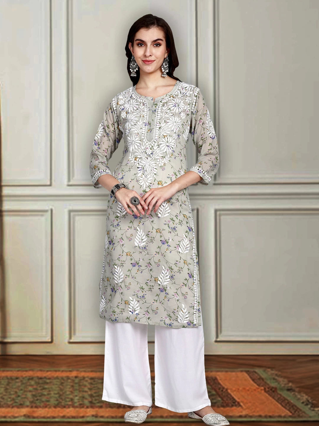 Ada Hand Embroidered Grey Cotton Floral Printed Lucknowi Chikankari Straight Kurta A411521