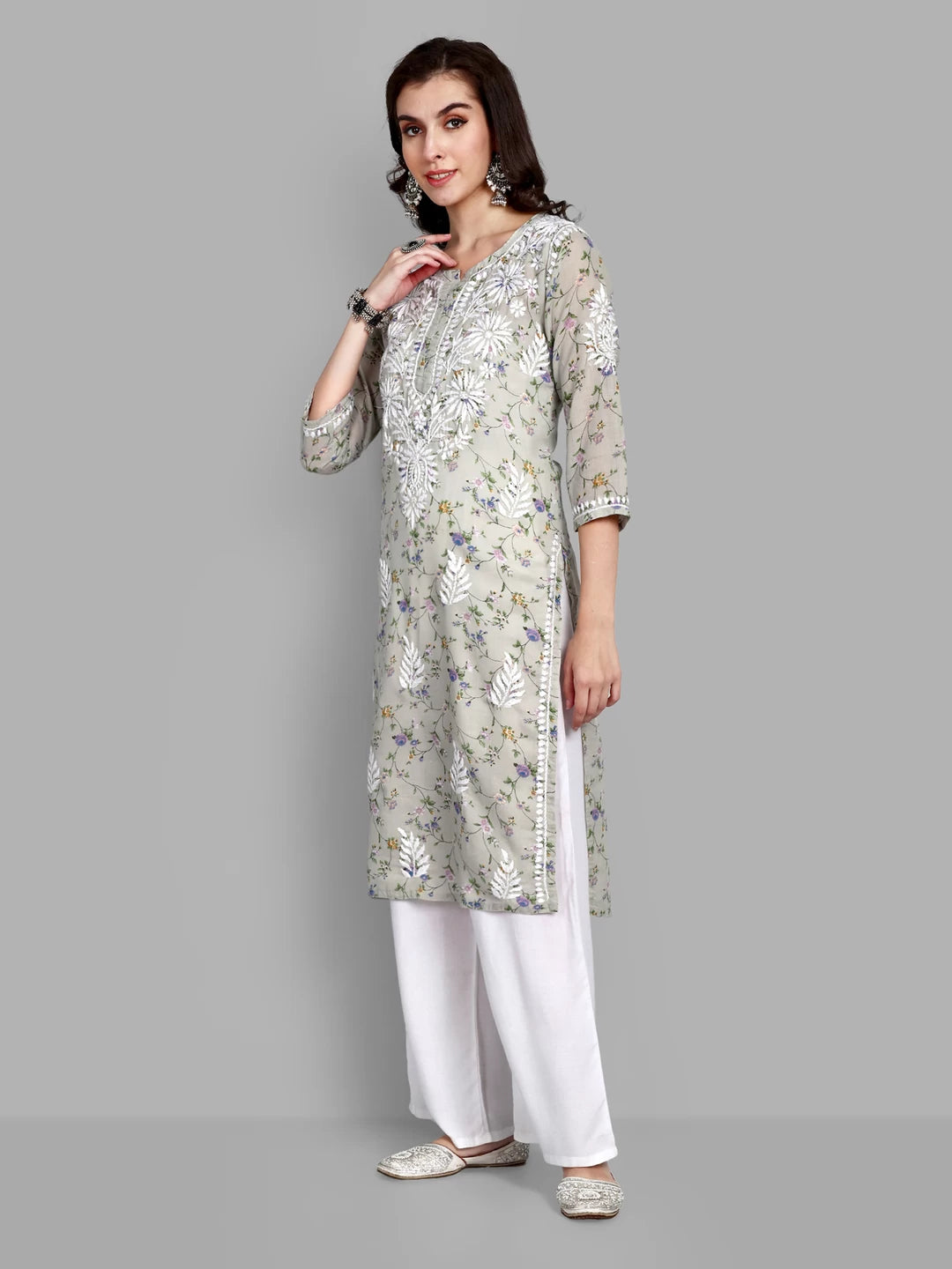 Ada Hand Embroidered Grey Cotton Floral Printed Lucknowi Chikankari Straight Kurta A411521