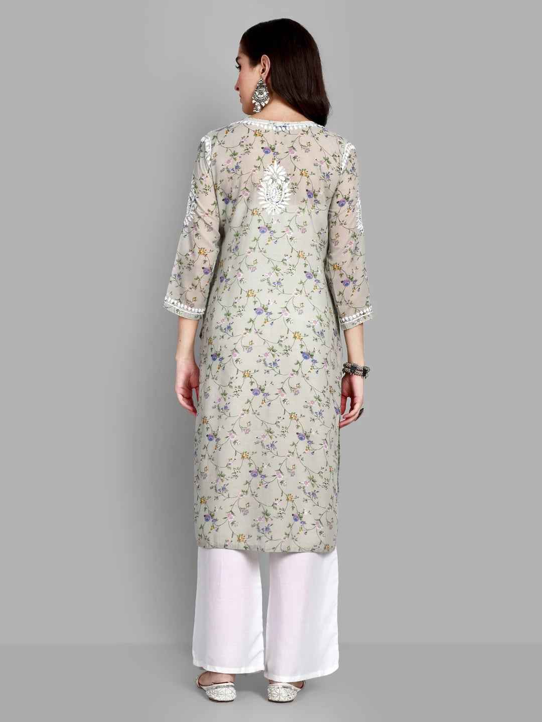 Ada Hand Embroidered Grey Cotton Floral Printed Lucknowi Chikankari Straight Kurta A411521